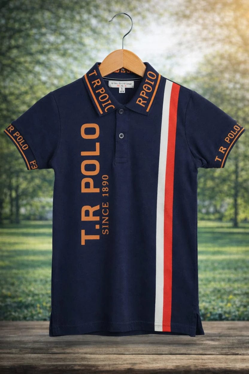 Ory Moon boys' polo T-shirt for kids, size 2Y-16Y, featuring a stylish design, short sleeves, and a classic collar, displayed on a hanger.