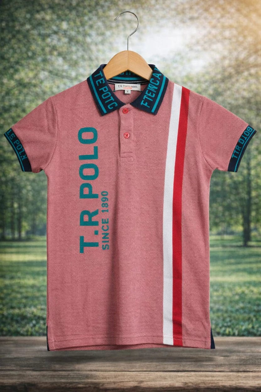 Ory Moon boys' polo T-shirt for kids, featuring a stylish design in size 2Y-16Y, shown hanging on a display hanger.