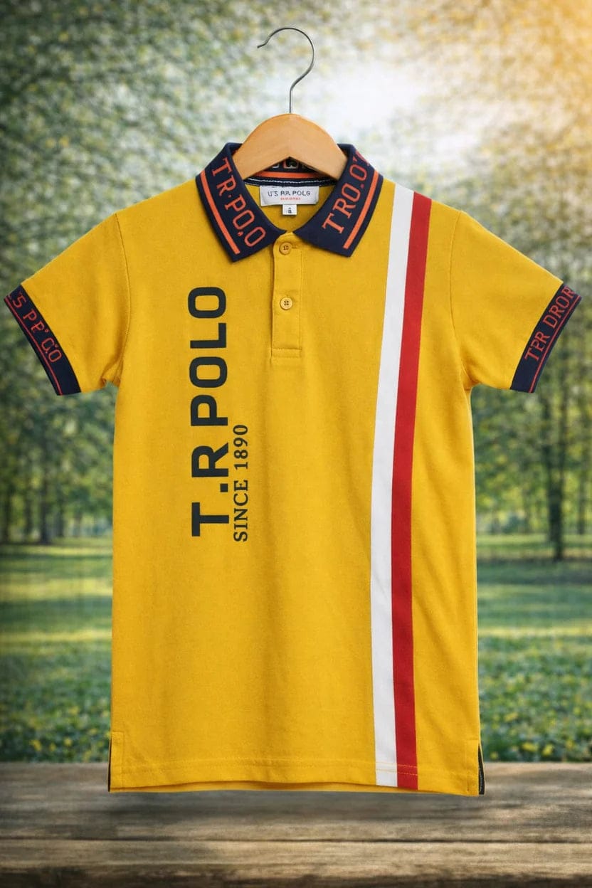 Ory Moon boys polo T-shirt in blue and white, casual kids' clothing, front view showing collar and button details.