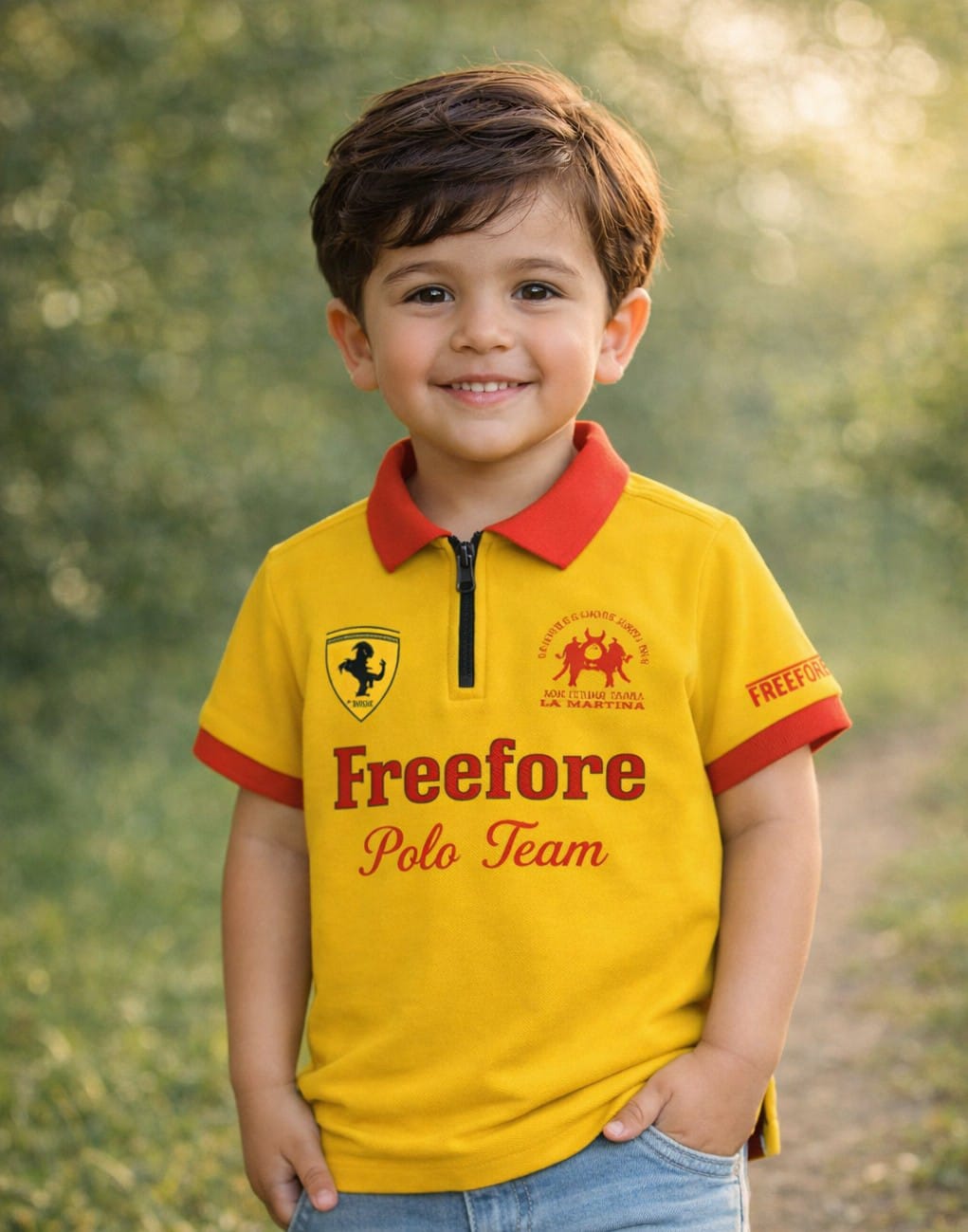 Ory Moon boys' polo T-shirt for kids, size 2Y-16Y, in light blue with a classic collar and short sleeves, displayed on a hanger.