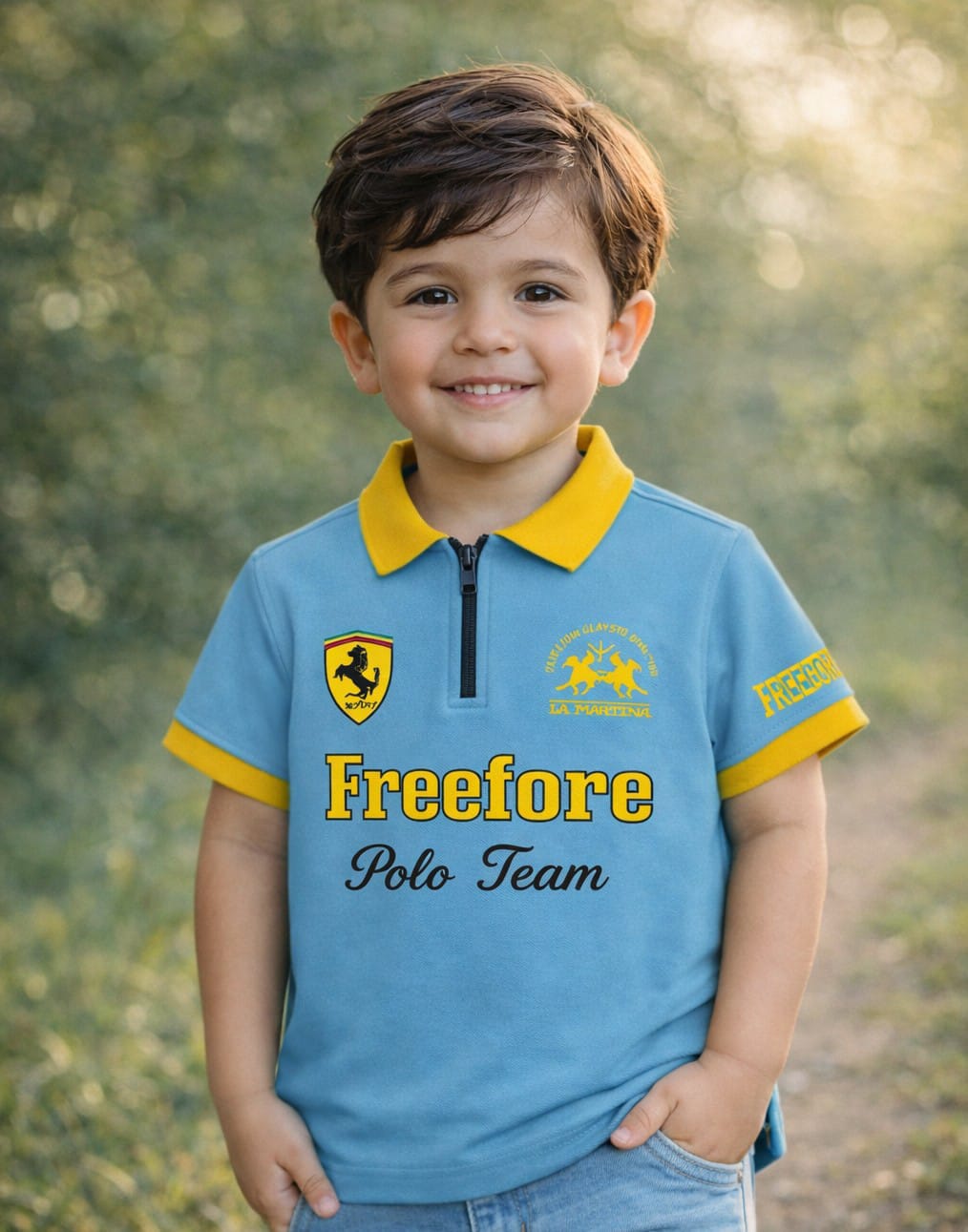 Bright blue boys' polo T-shirt by Ory Moon, featuring a classic collar and short sleeves for kids aged 2 to 16 years.