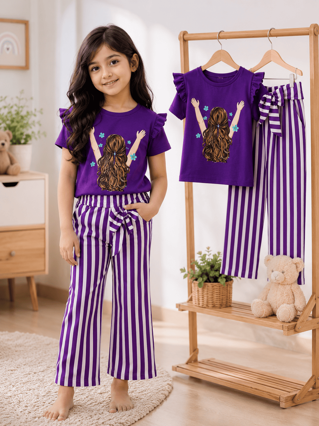 Girls' soft printed top and pants set for ages 3 to 12 from Ory Moon, featuring colorful floral patterns and comfortable fabric.