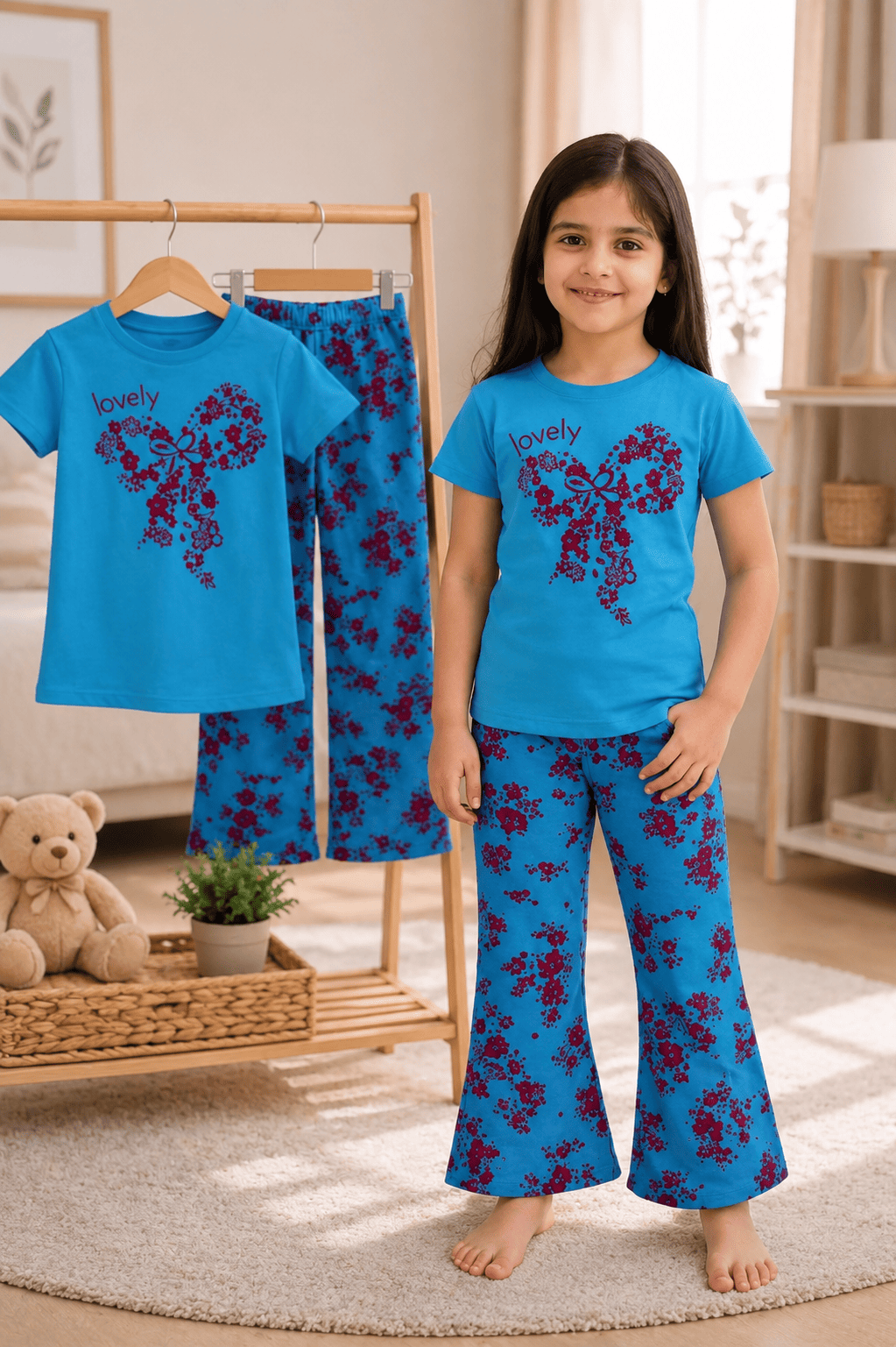 Girls soft printed top and pants set for ages 3 to 12 by Ory Moon, featuring colorful, comfortable fabric for everyday wear.