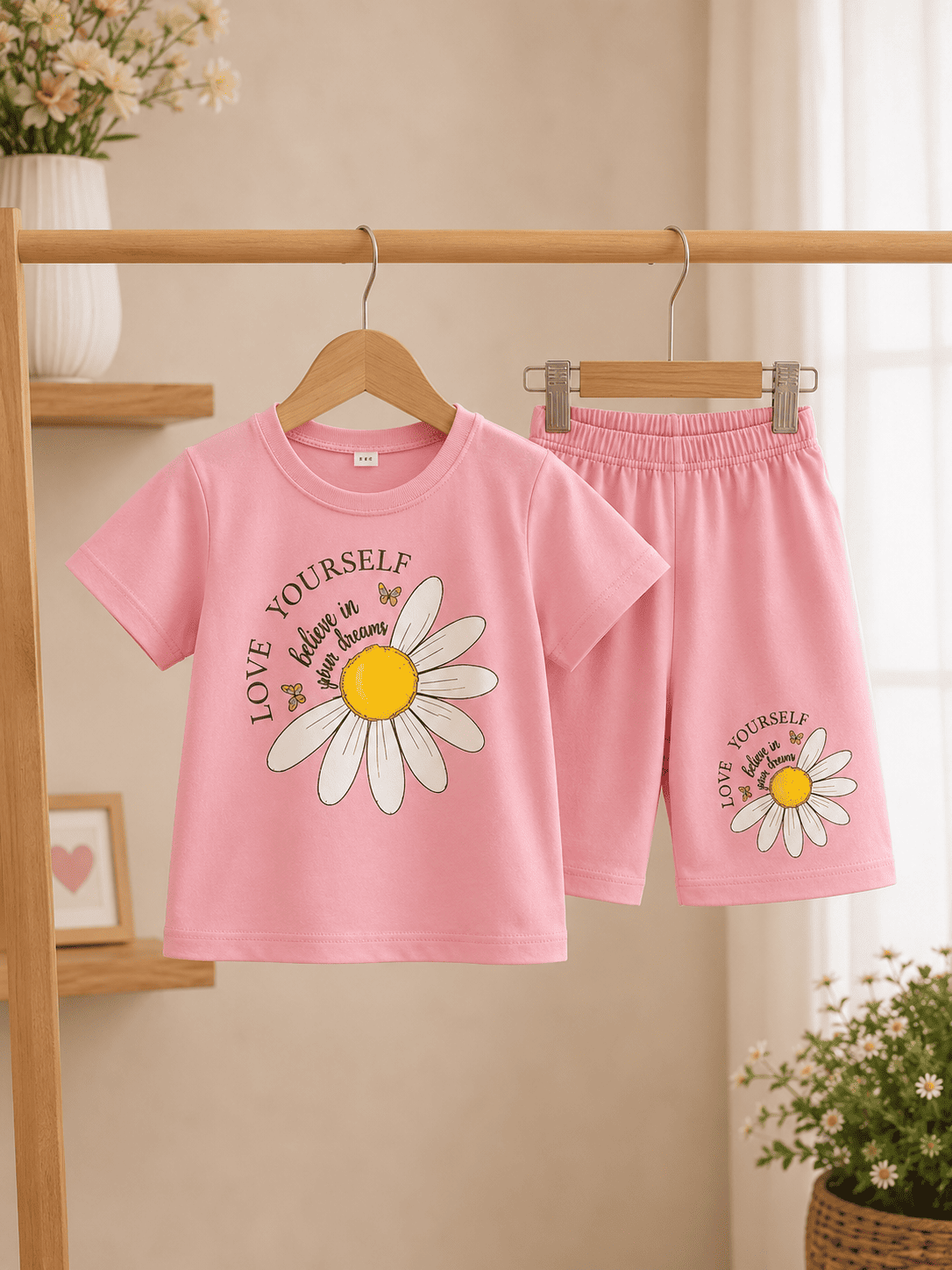 Ory Moon kids girls' stylish T-shirt and shorts set in pink with playful patterns, suitable for ages 6 months to 6 years.