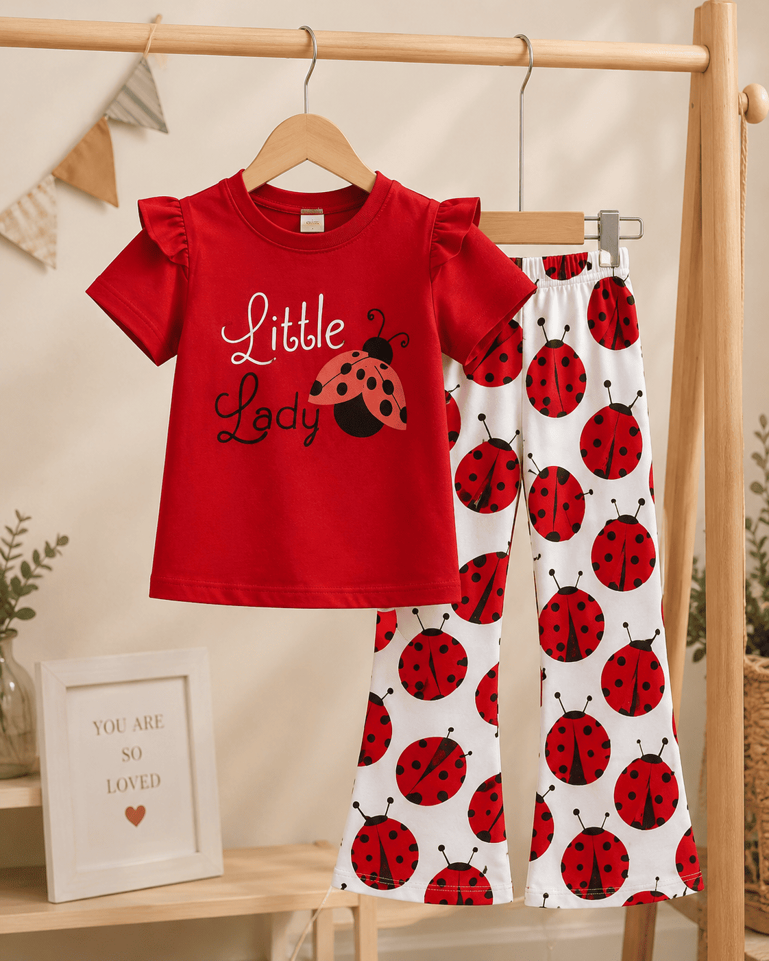 Girls' soft printed top and pants set from Ory Moon for ages 3 to 12, featuring colorful, comfortable fabric and playful design.