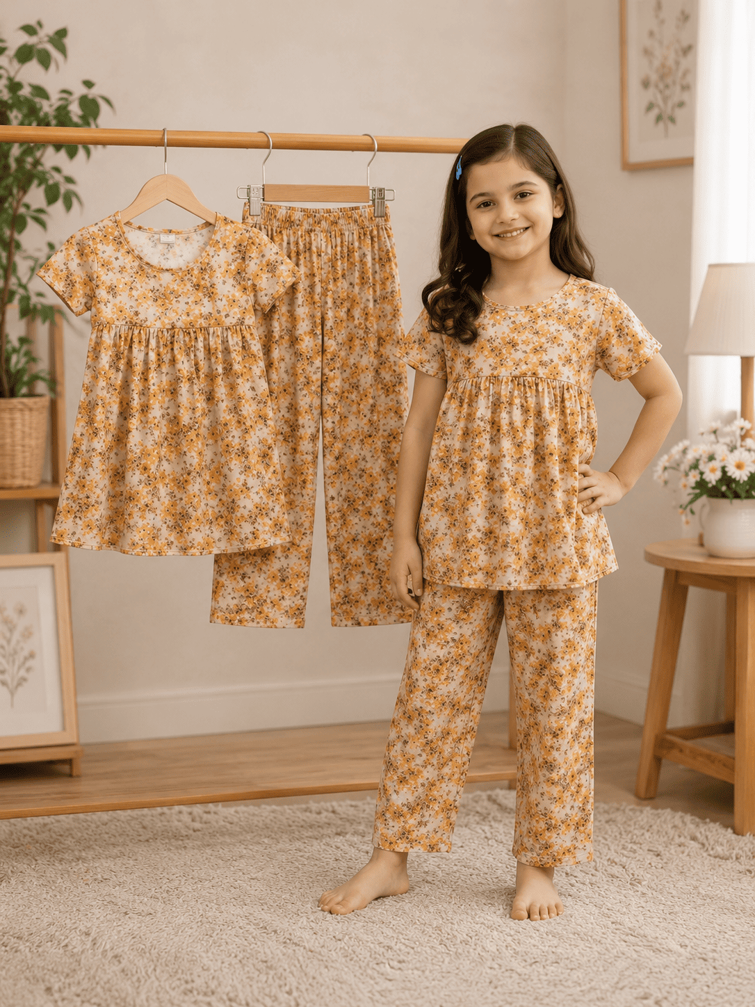Girls floral frock and pants set by Ory Moon for ages 3 to 12, featuring a colorful flower pattern and comfortable fabric.
