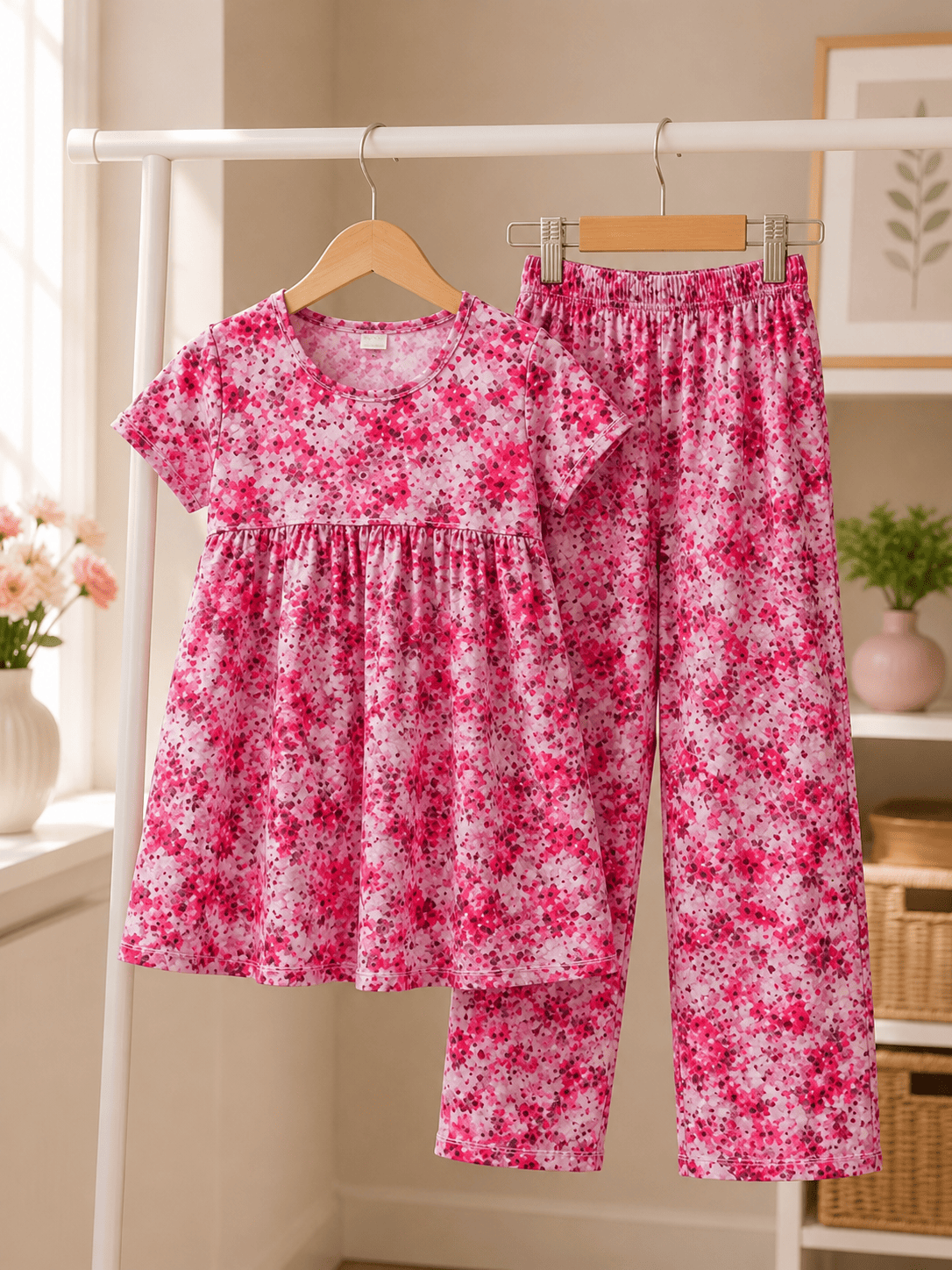 Ory Moon girls' floral frock and pants set for ages 3 to 12, featuring a colorful floral dress with matching pants.