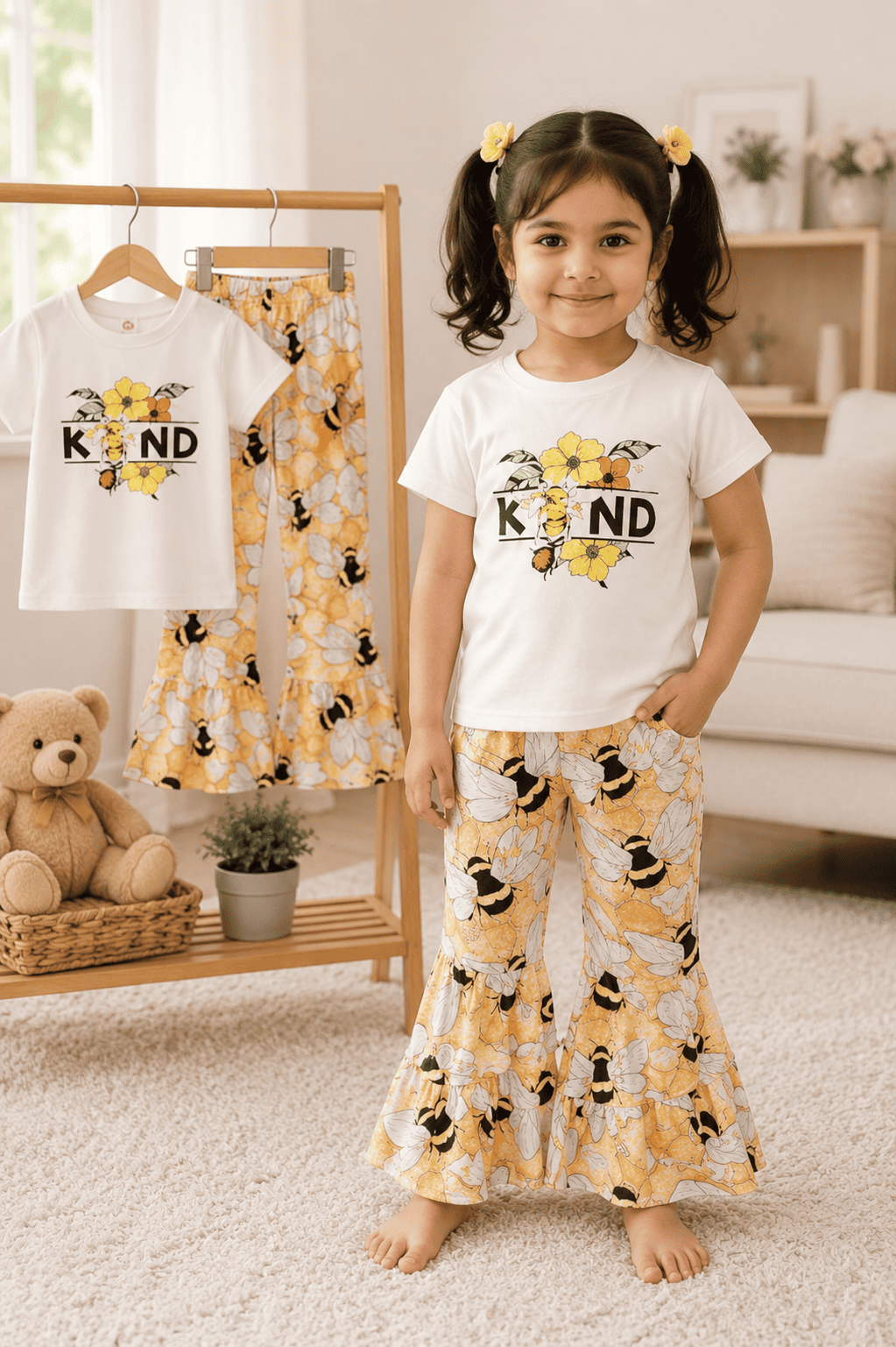 Girls' soft printed top and pants set for ages 3 to 12 from Ory Moon, featuring colorful patterns and comfortable fabric.