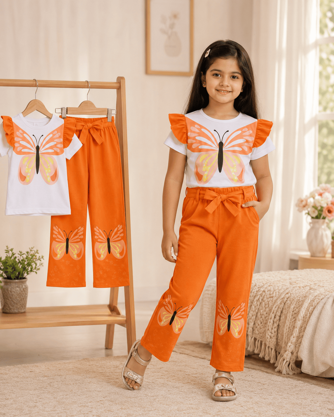 Girls' soft printed top and pants set for ages 3 to 12 by Ory Moon, featuring colorful patterns and comfortable fabric.