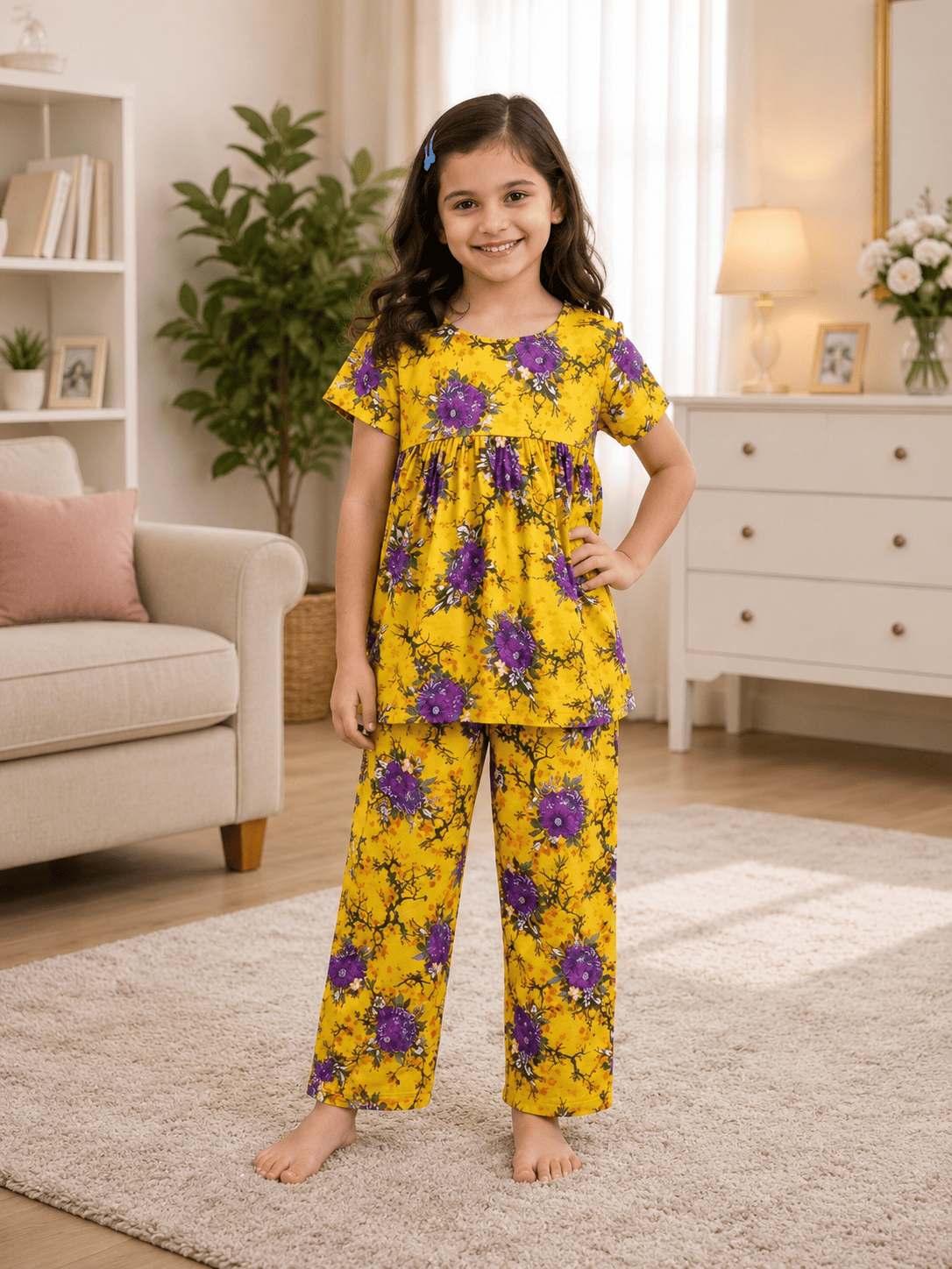 Ory Moon girls floral frock and pants set for ages 3 to 12, featuring a colorful floral dress with matching pants.