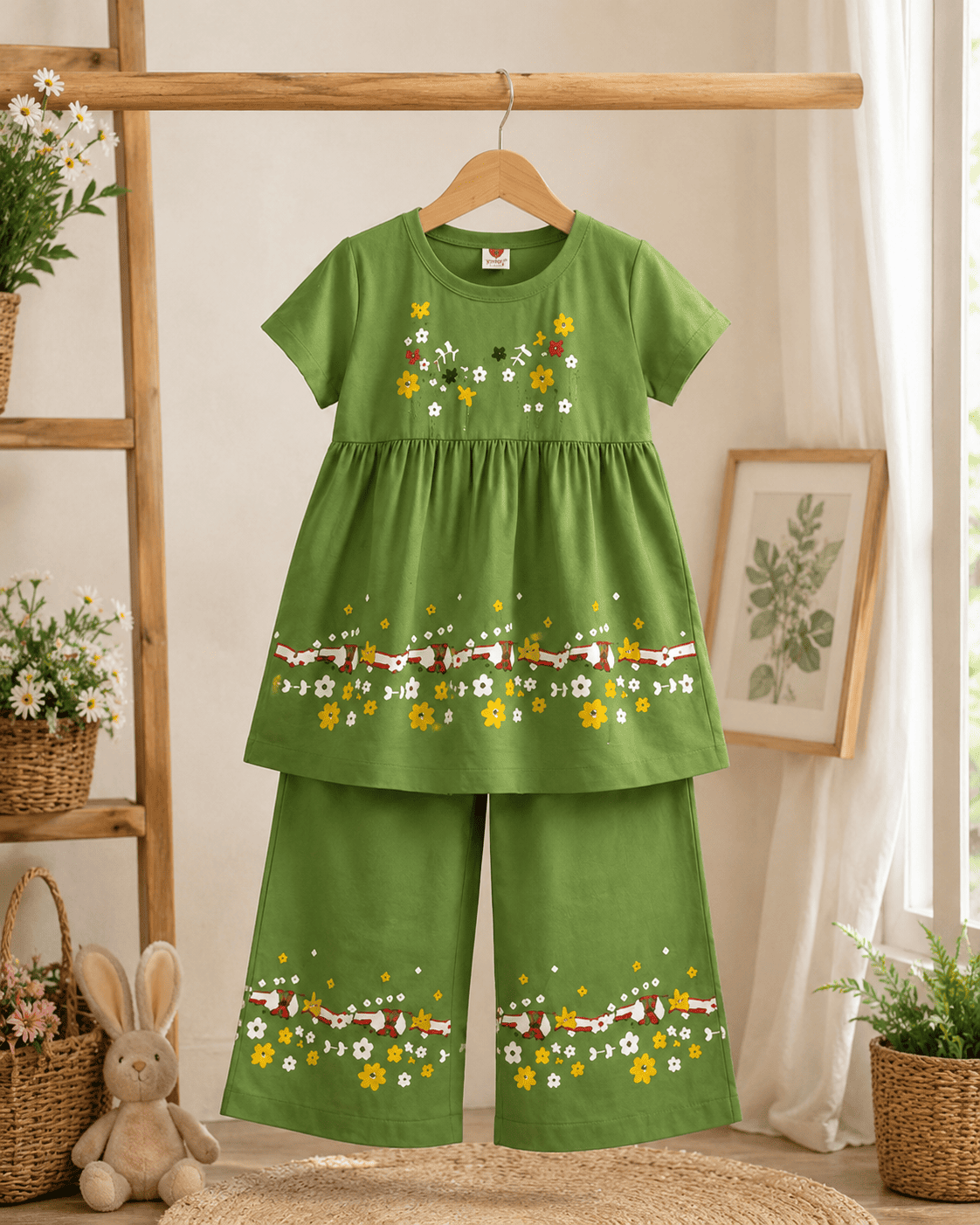 Ory Moon girls' floral frock and pants set for ages 3 to 12, featuring a colorful floral dress with matching pants.