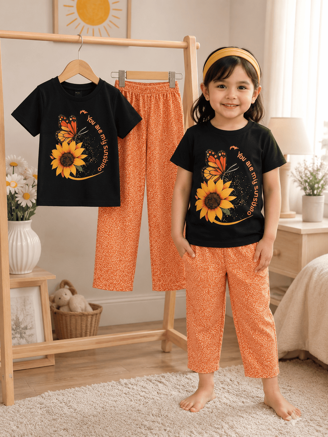 Girls' soft printed top and pants set for ages 3 to 12 by Ory Moon, featuring colorful floral design and comfortable fabric.
