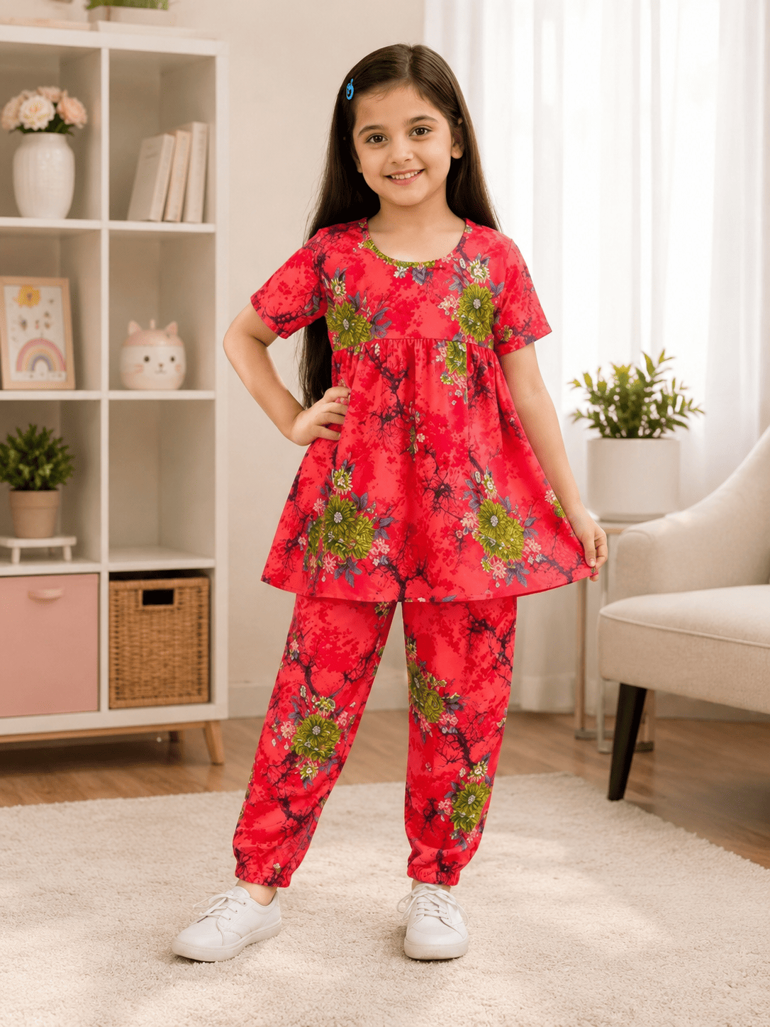 Girls floral frock and pants set by Ory Moon for ages 3 to 12, featuring a colorful floral pattern and comfortable fabric.