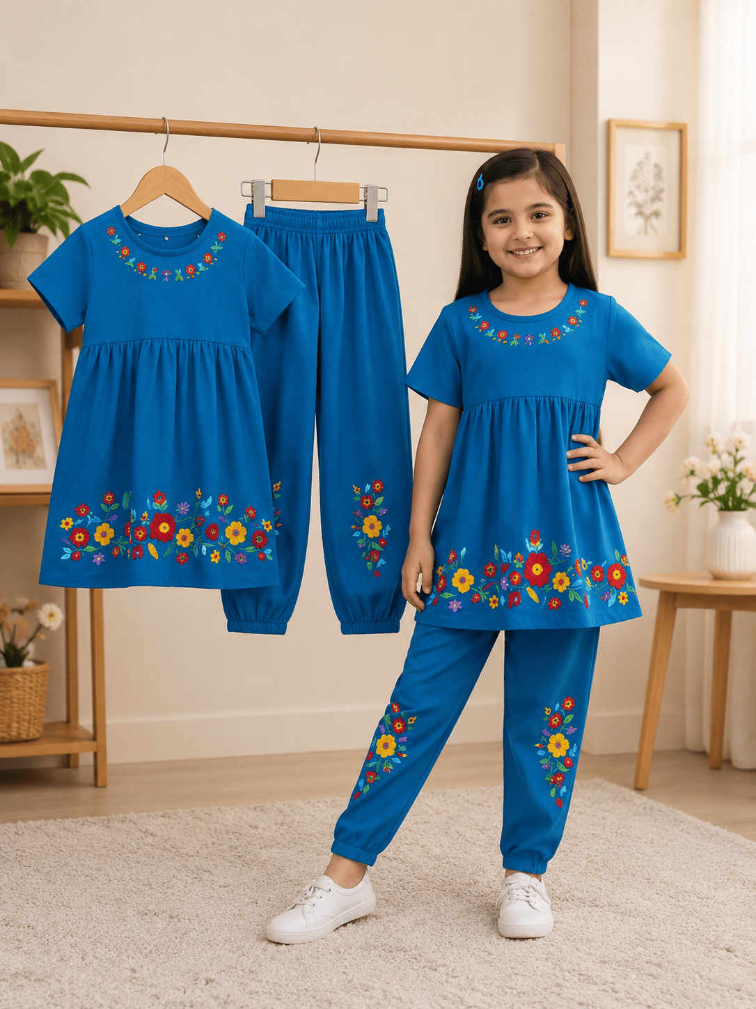 Ory Moon girls' floral frock and pants set for ages 3 to 12, featuring a colorful floral dress paired with matching pants.