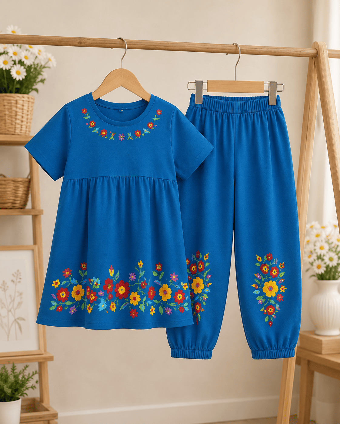 Ory Moon girls' floral frock and pants set for ages 3 to 12, featuring a colorful floral pattern and comfortable fabric.