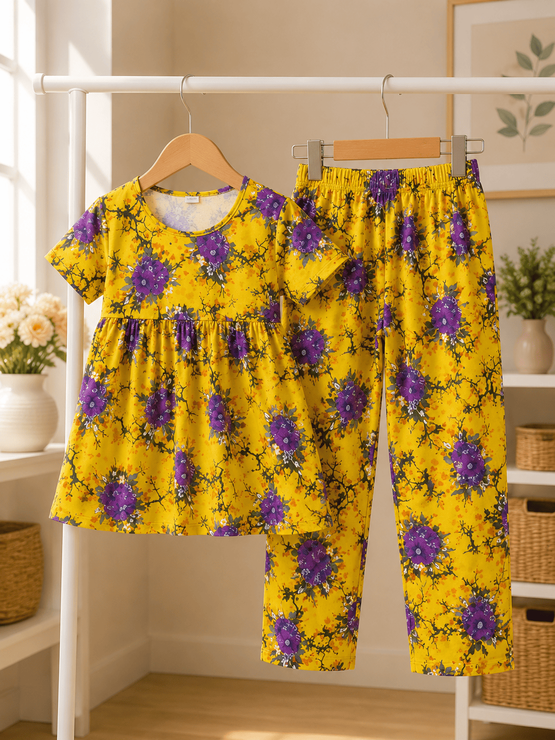 Ory Moon girls' floral frock and pants set for ages 3 to 12, featuring a colorful floral pattern and comfortable fabric.