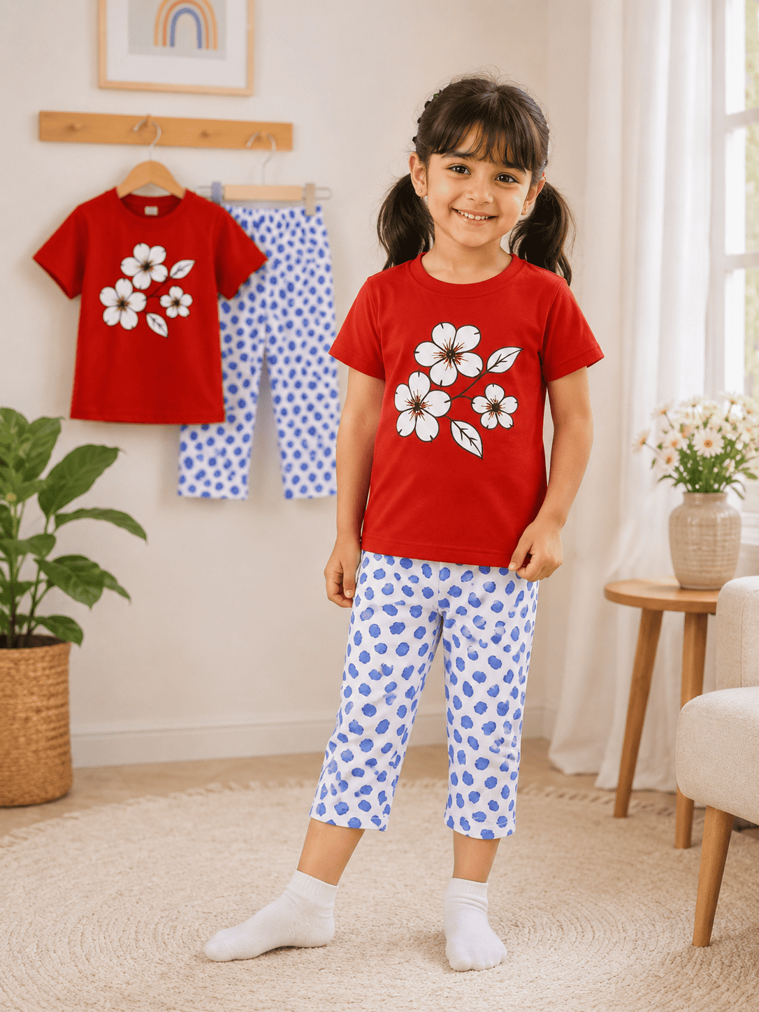 Girls' soft printed top and pants set by Ory Moon for ages 3 to 12, featuring a colorful, comfortable design.