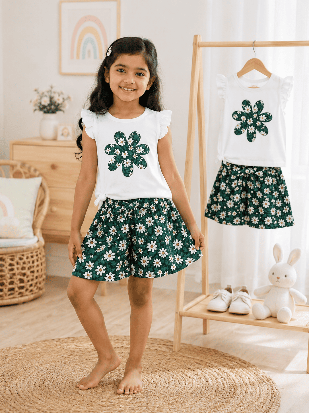 Kids girls' stylish T-shirt and shorts set by Ory Moon, featuring colorful patterns and comfortable fit for ages 6 months to 6 years.