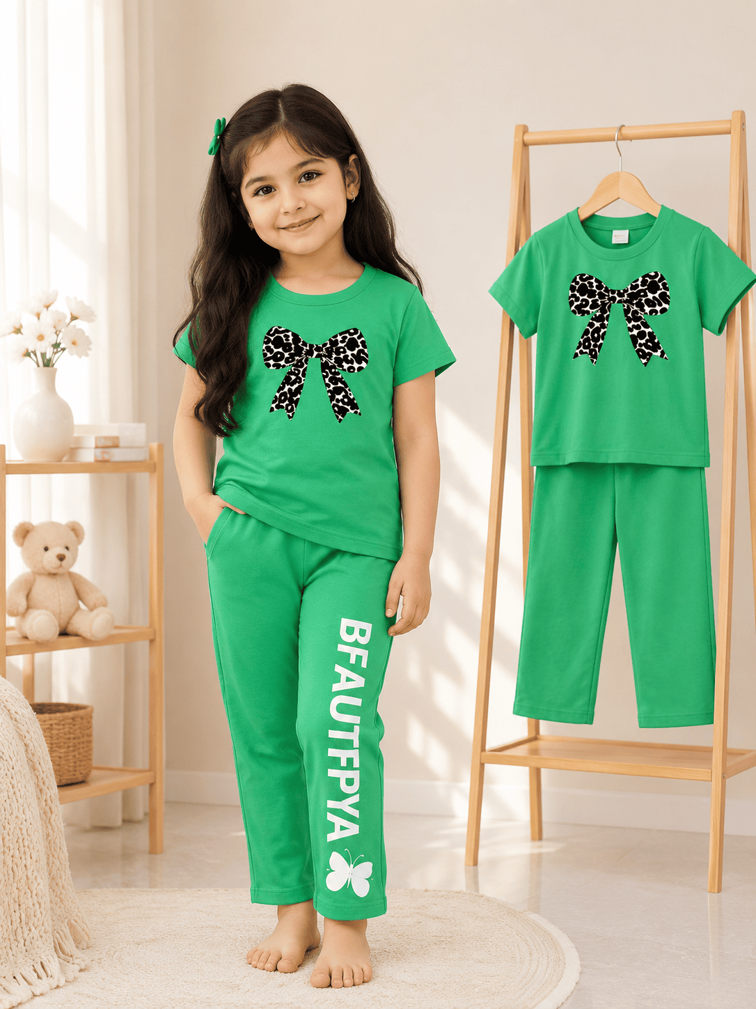 Ory Moon girls' printed top and pants set for ages 3 to 12, featuring soft fabric and colorful floral design.