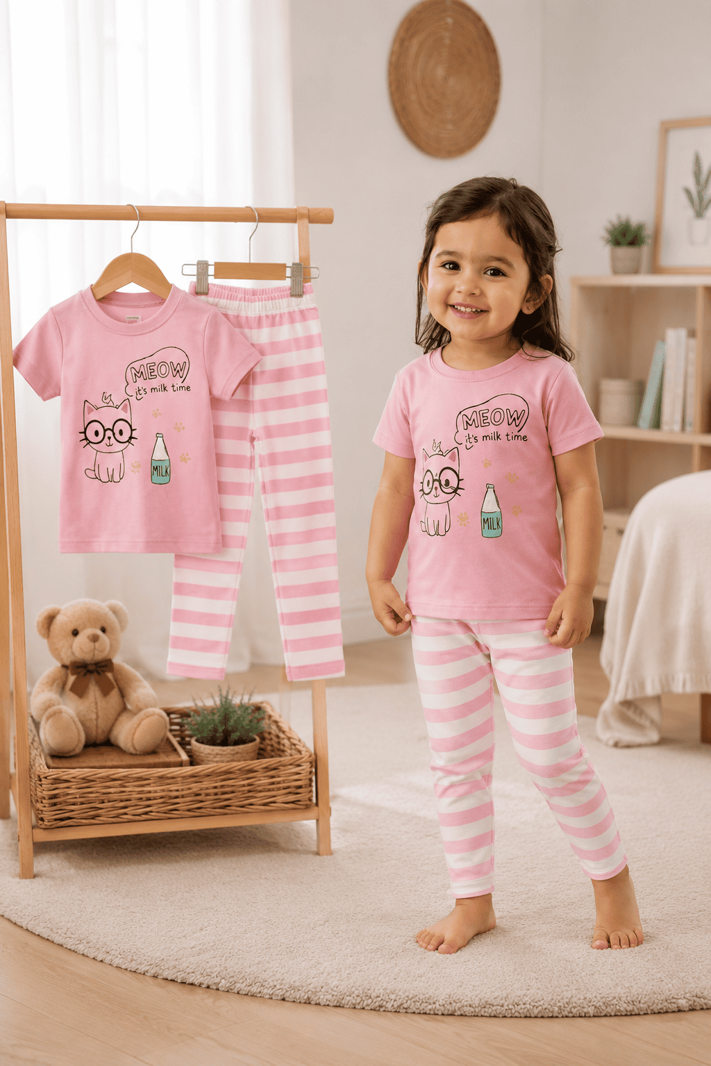 Girls soft printed top and pants set for ages 3 to 12 by Ory Moon, featuring colorful fabric with playful patterns.