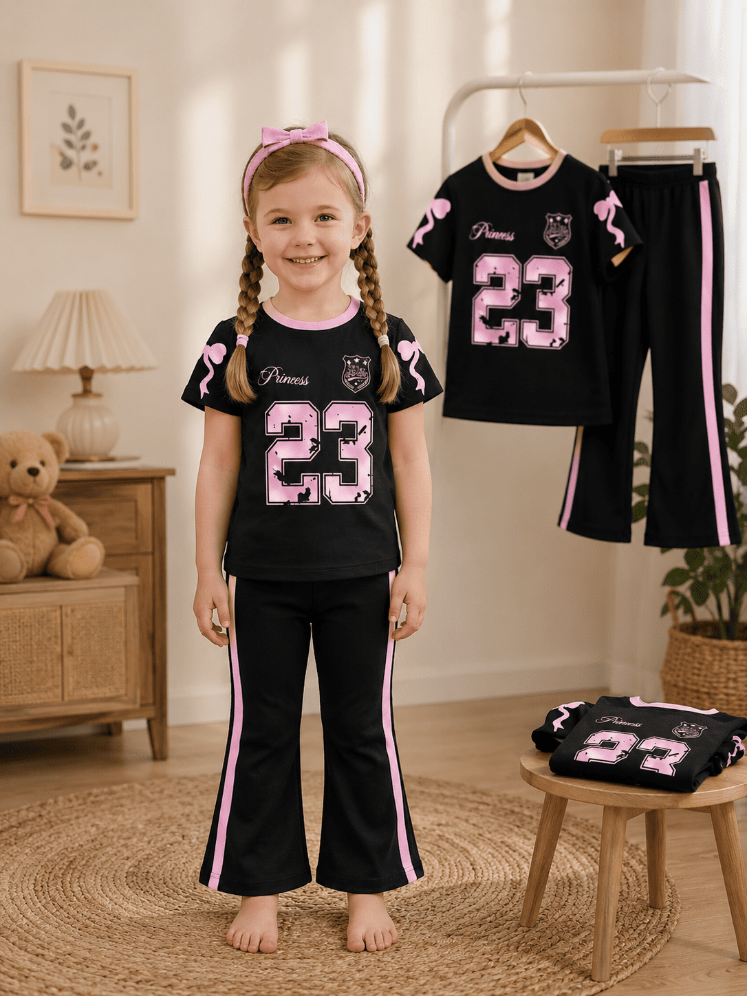 Girls' soft printed top and pants set for ages 3 to 12 by Ory Moon, featuring a colorful, comfortable design.