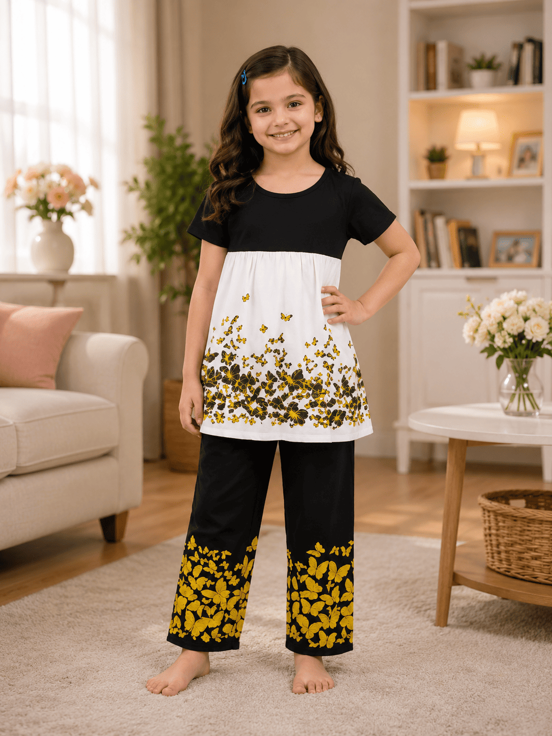 Girls floral frock and pants set by Ory Moon, featuring a colorful dress with matching pants for ages 3 to 12 years.