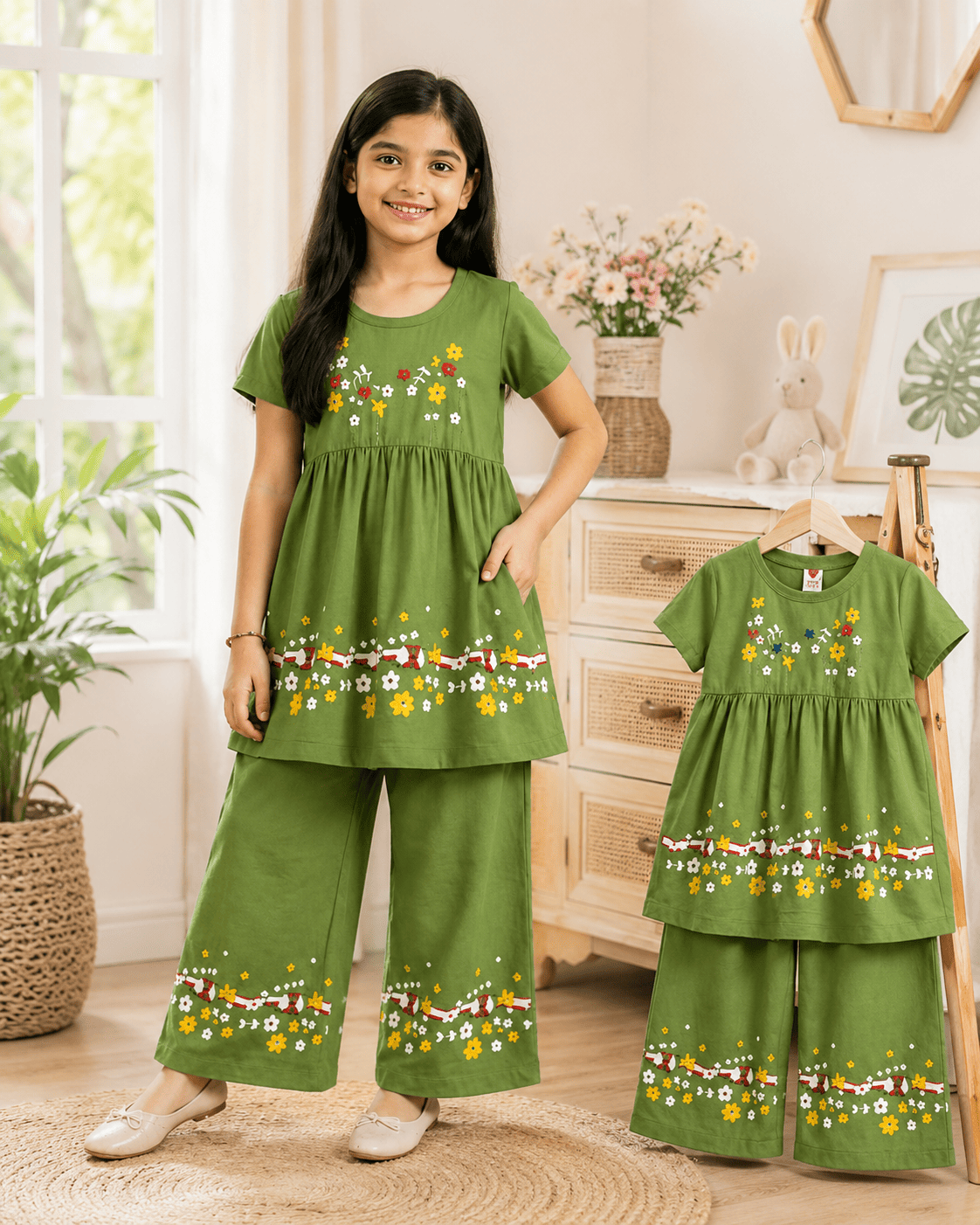 Girls floral frock and pants set by Ory Moon for ages 3 to 12, featuring a colorful floral dress with matching pants.