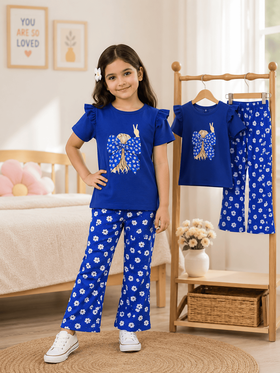 Ory Moon girls' soft printed top and pants set for ages 3 to 12, featuring colorful patterns and comfortable fabric.