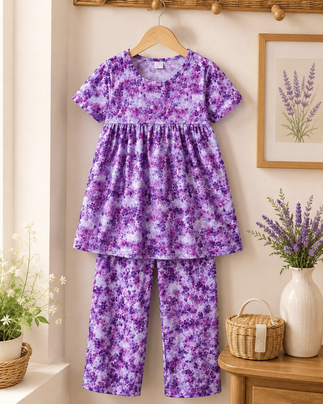 Ory Moon girls' floral frock and pants set for ages 3 to 12, featuring a colorful flower-patterned dress and matching pants.
