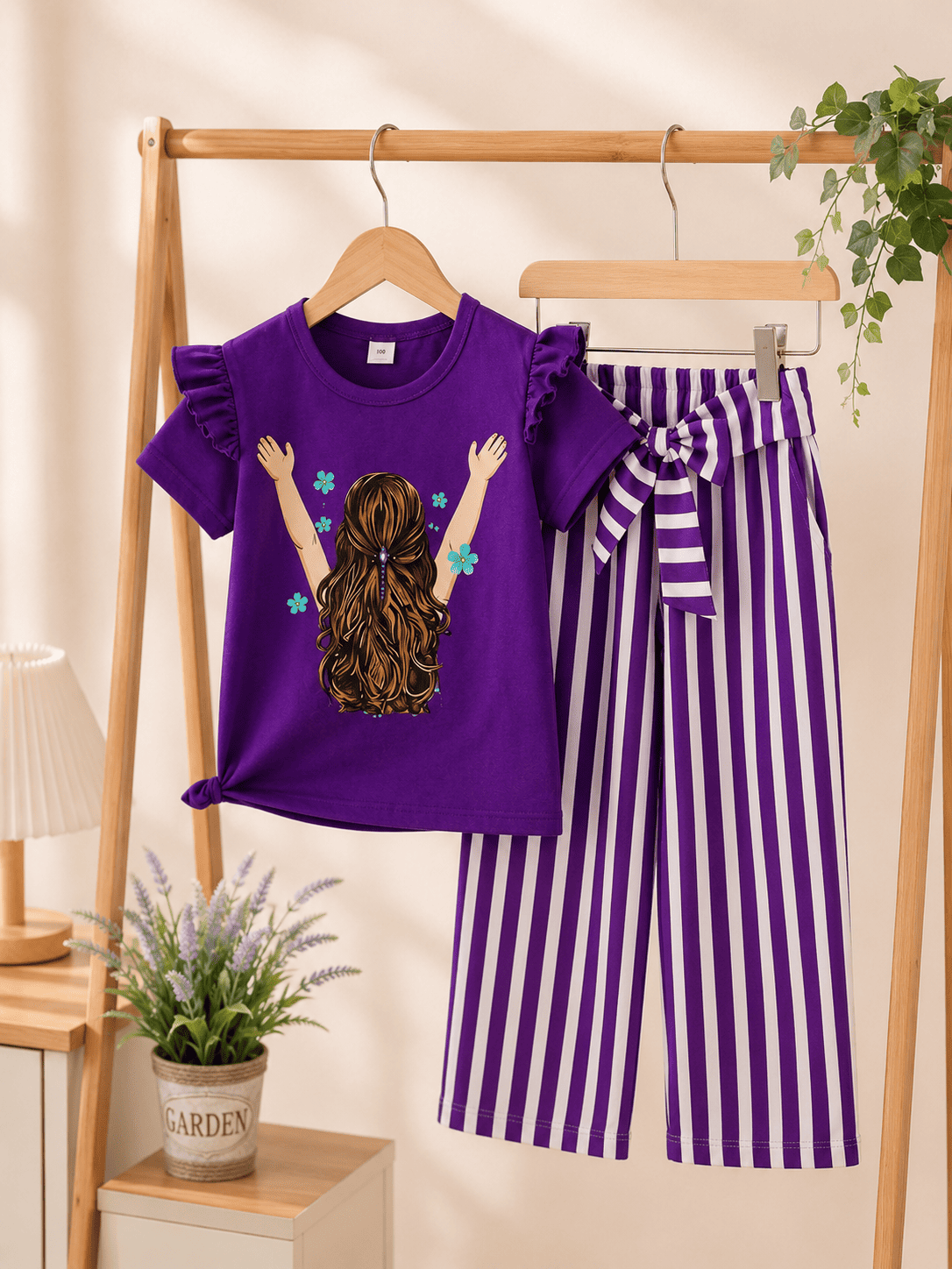 Girls' printed top and pants set by Ory Moon for ages 3 to 12, featuring soft fabric and colorful design, shown laid out flat.