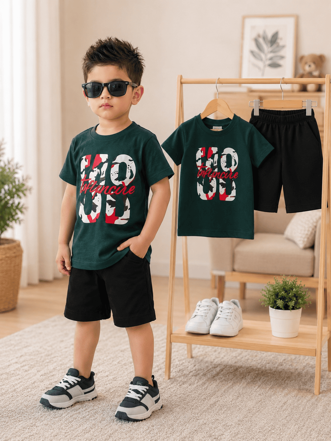 Kids boys' stylish T-shirt and shorts set by Ory Moon, featuring colorful design and comfortable fit for ages 6 months to 6 years.