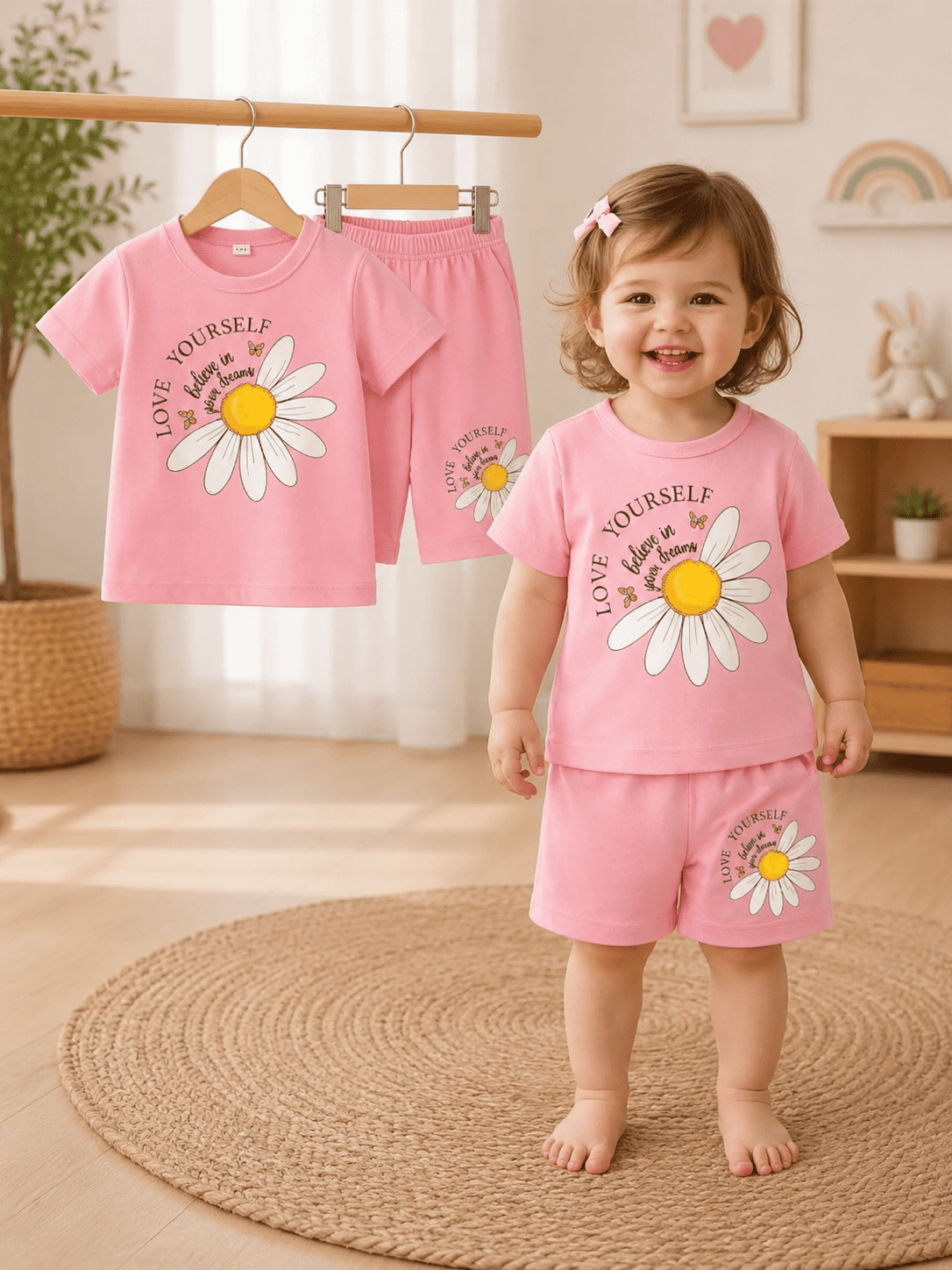 Ory Moon girls' kids stylish T-shirt and shorts set in pink with playful patterns, suitable for ages 6 months to 6 years.