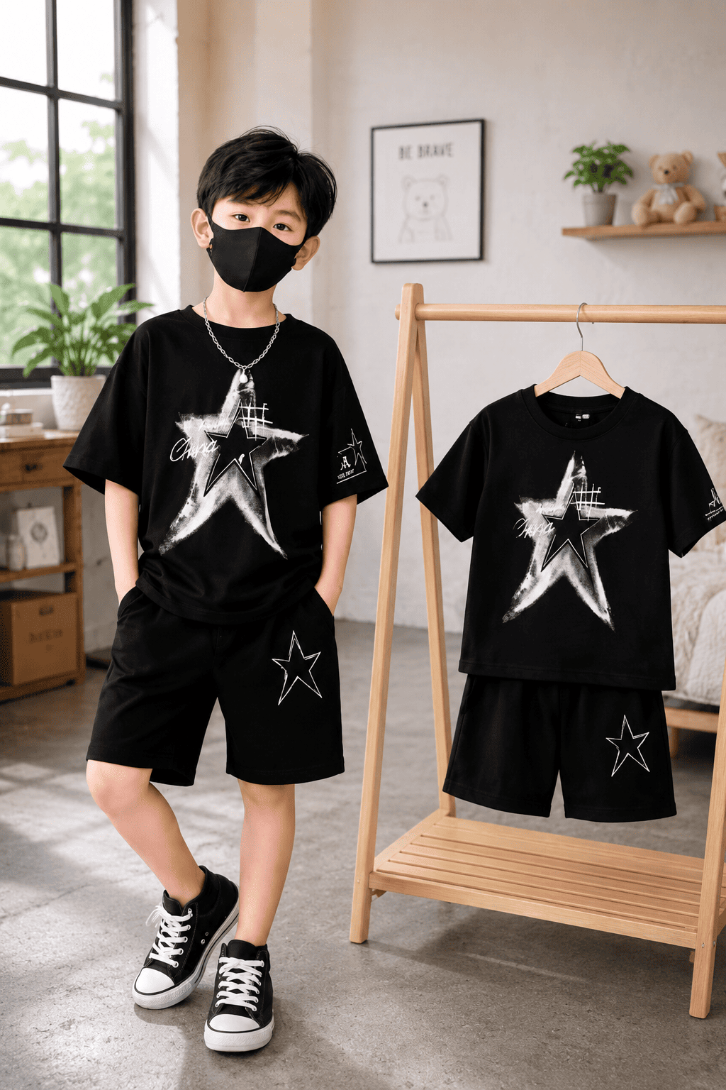 Ory Moon boys' urban streetwear set for ages 3-12, featuring a bold summer outfit with graphic t-shirt and stylish shorts.