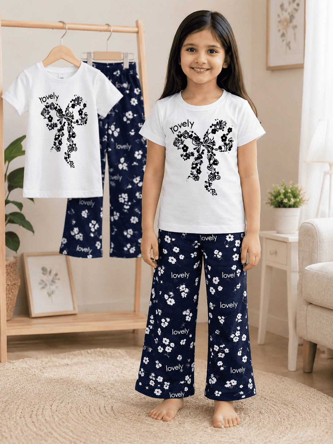 Girls' soft printed top and pants set by Ory Moon for ages 3 to 12, featuring colorful floral print and comfortable fabric.