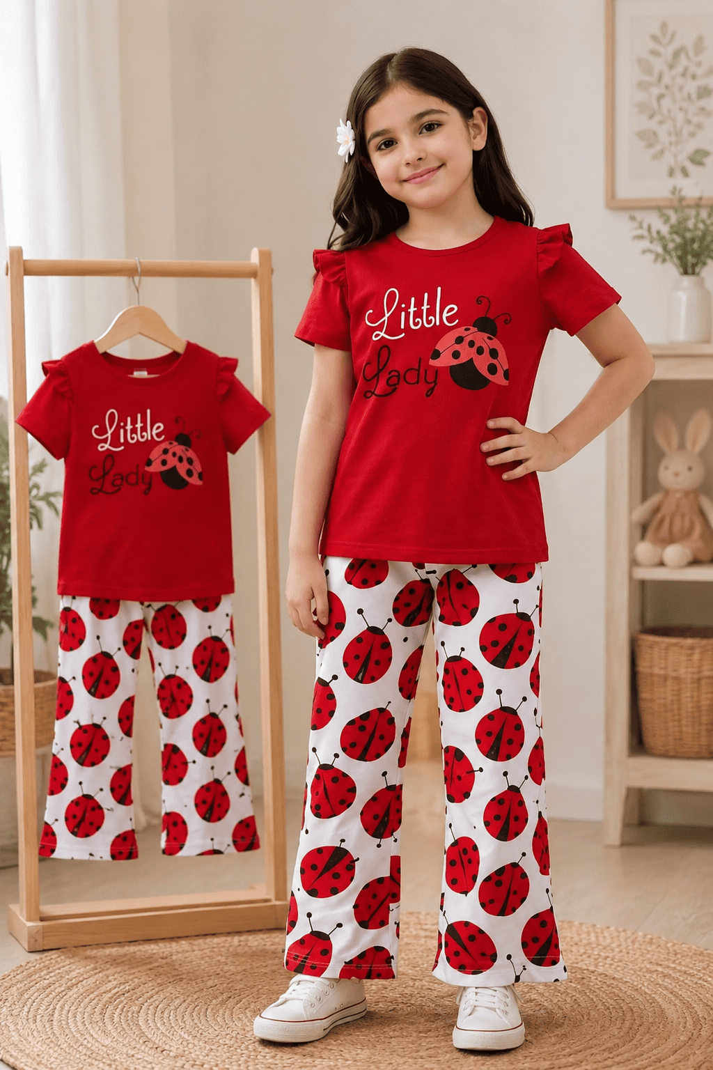 Girls soft printed top and pants set in pink and white from Ory Moon for ages 3 to 12 years, featuring a comfortable, casual style.