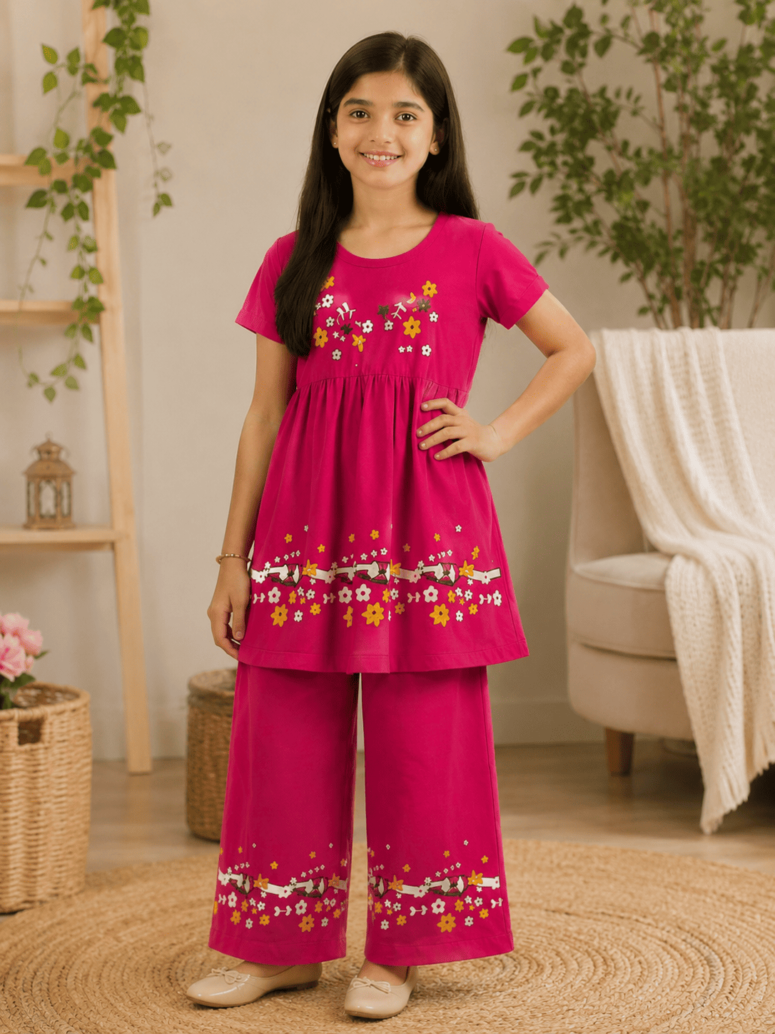 Ory Moon girls floral frock and pants set for ages 3 to 12, featuring a colorful floral dress with matching pants.