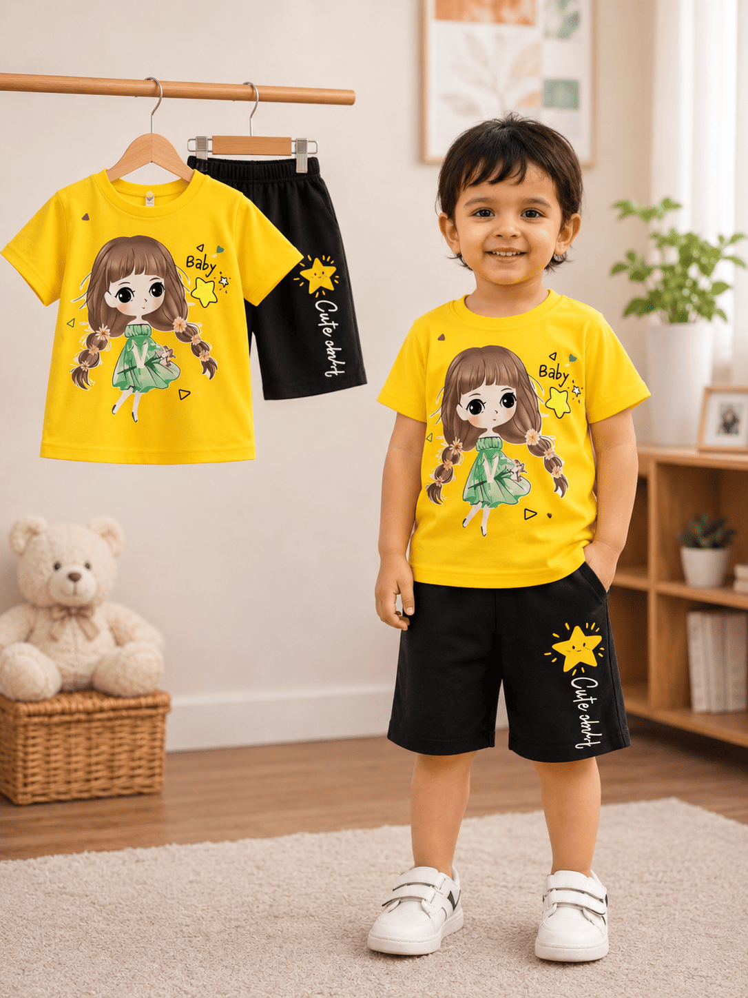 Ory Moon kids girls' stylish T-shirt and shorts set in pink with playful patterns, suitable for ages 6 months to 6 years.