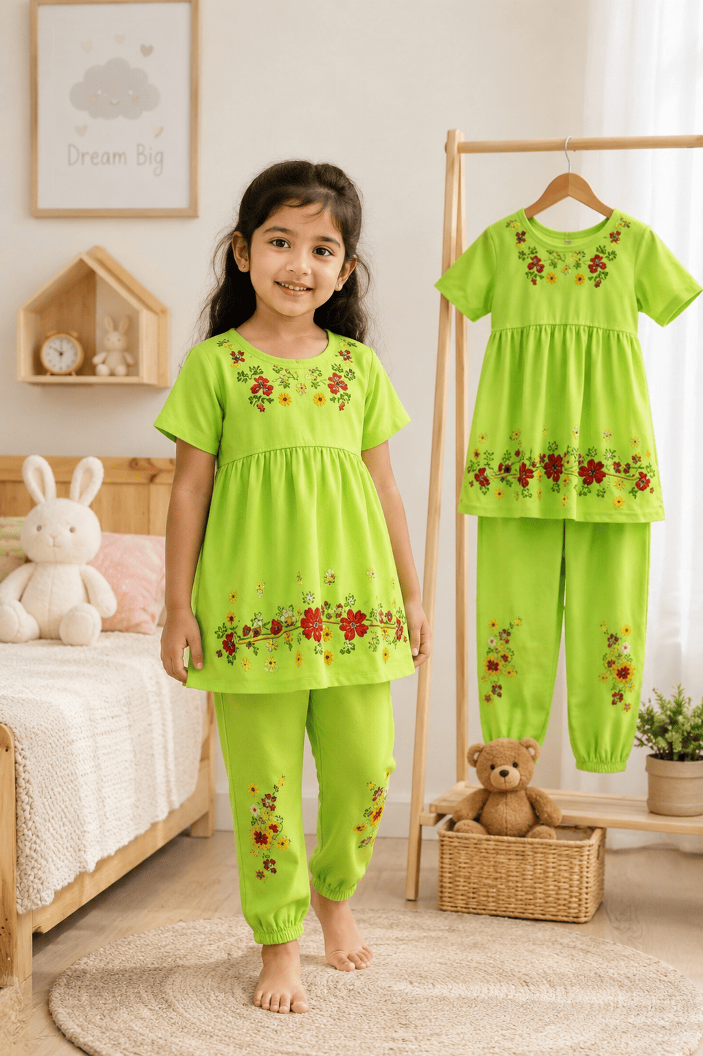 Ory Moon girls' floral frock and pants set for ages 3 to 12, featuring a colorful floral dress and matching pants.