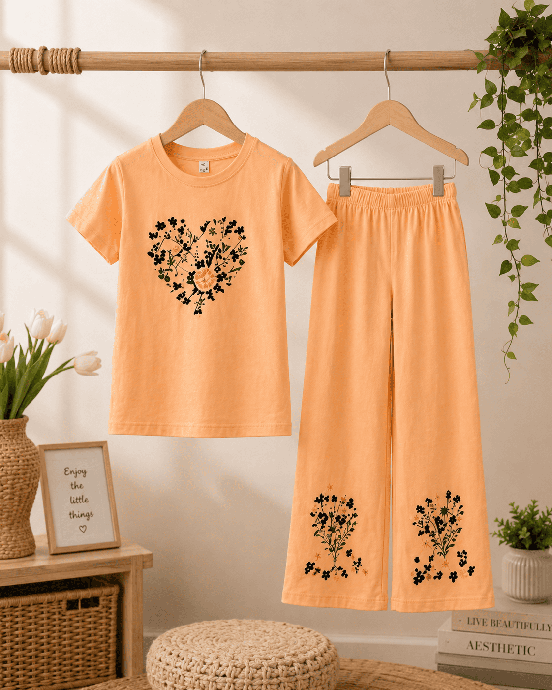 Ory Moon girls' soft printed top and pants set for ages 3 to 12, featuring colorful floral patterns on comfortable fabric.