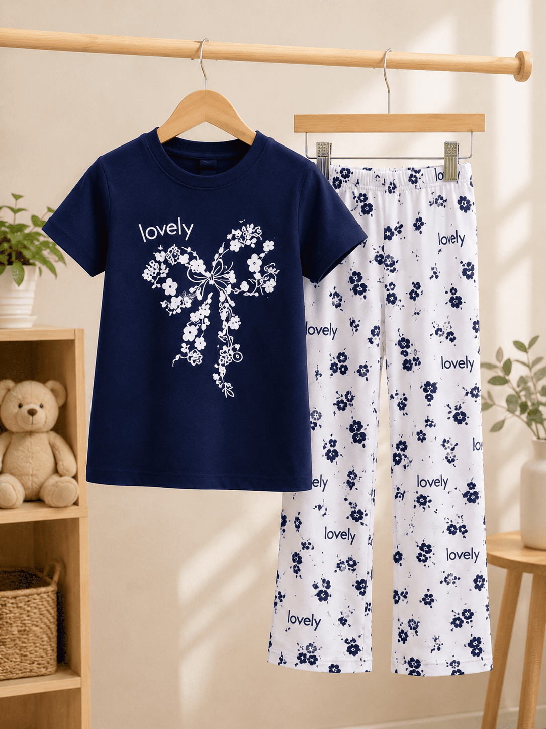 Girls' printed top and pants set by Ory Moon for ages 3 to 12, featuring soft fabric and colorful print design.