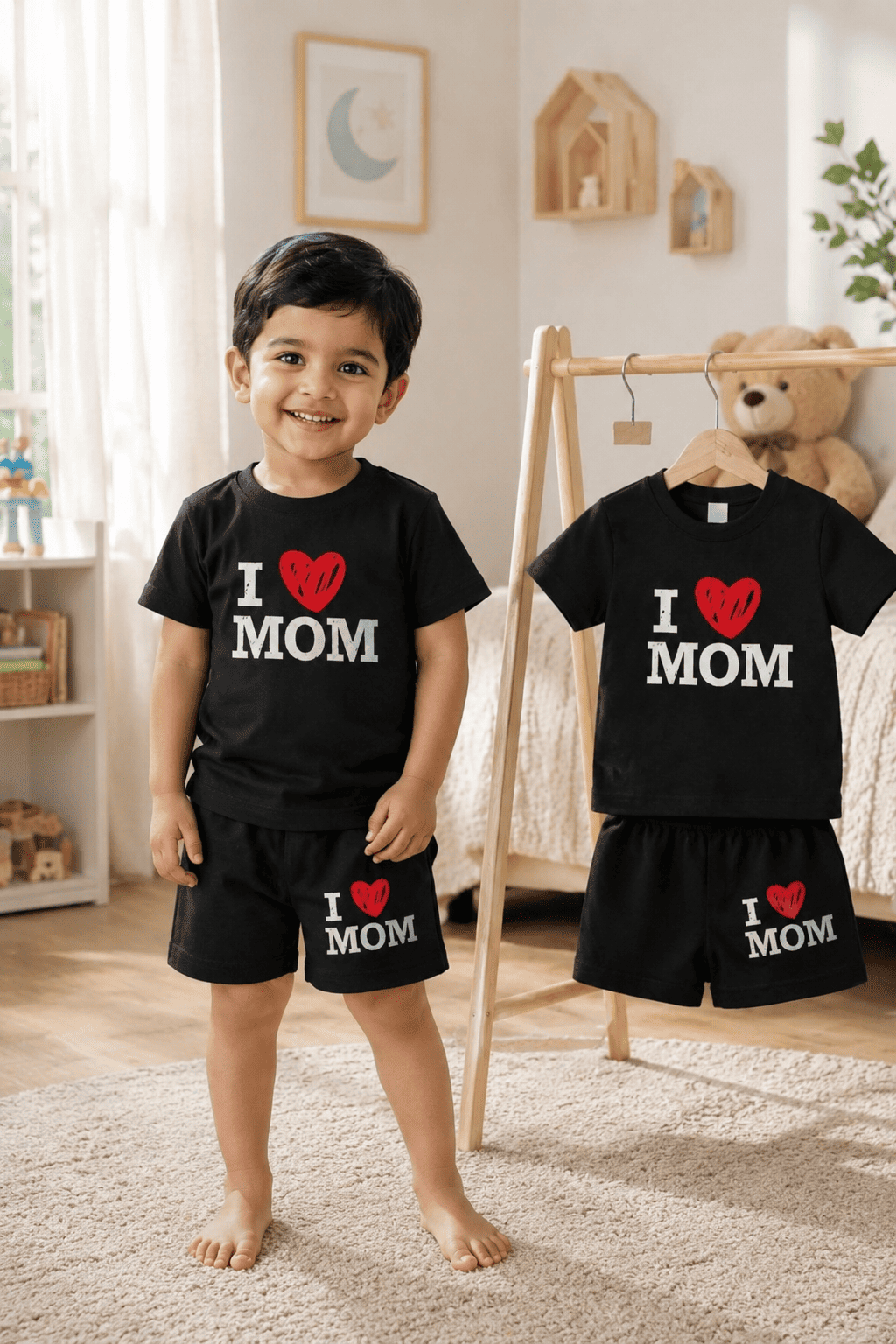 Ory Moon boys' kids stylish T-shirt and shorts set in colorful pattern for ages 6 months to 6 years, shown on a hanger.
