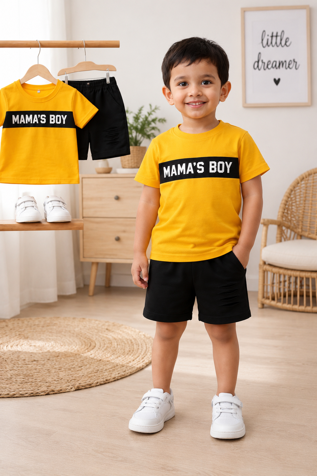 Ory Moon boys' urban streetwear set for ages 3-12, featuring a bold summer outfit with stylish T-shirt and shorts.
