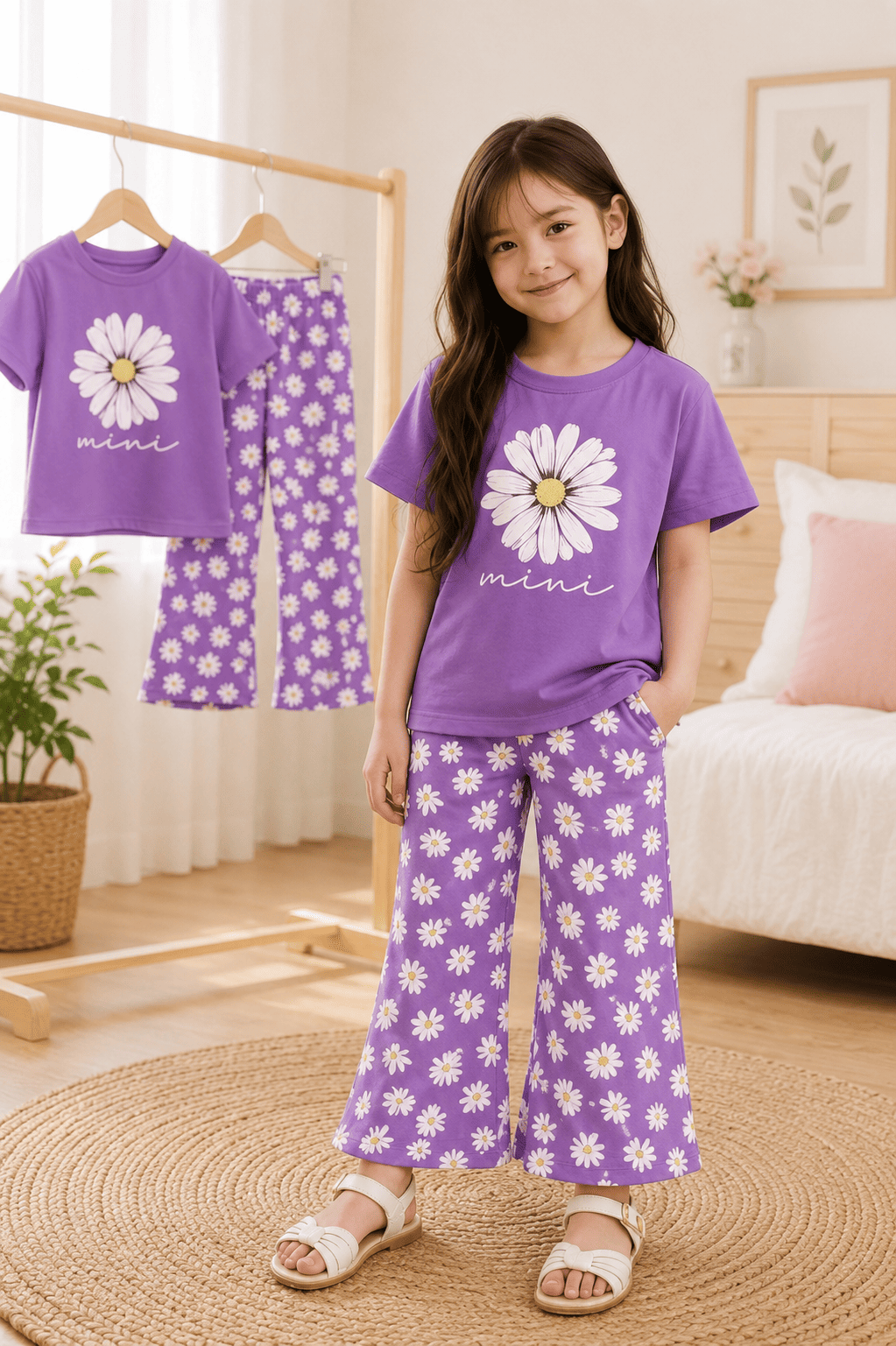 Girls soft printed top and pants set in pink and white for ages 3 to 12 by Ory Moon, featuring playful floral designs.