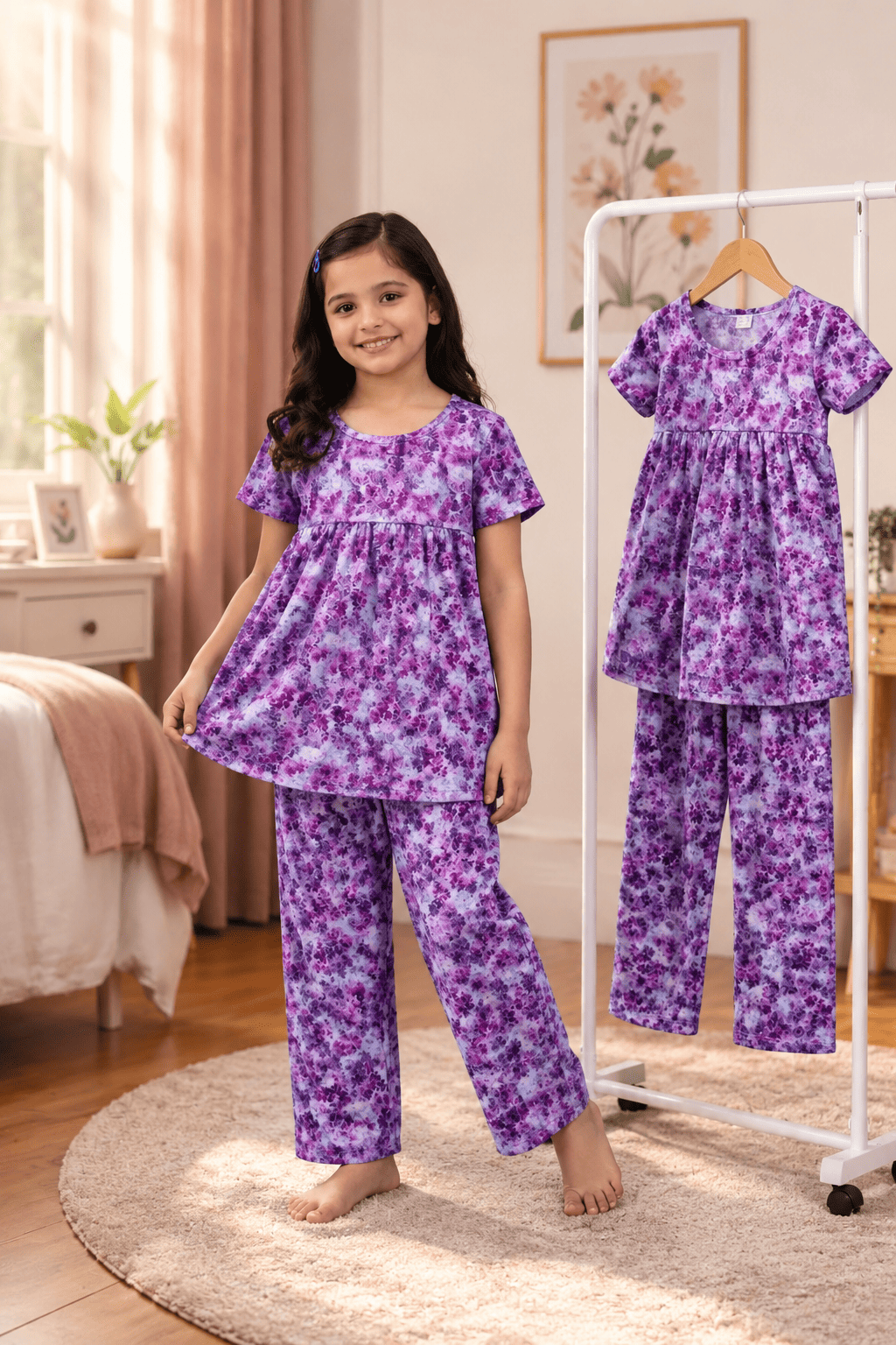Girls' floral frock and pants set by Ory Moon for ages 3 to 12, featuring a colorful floral dress and matching pants.