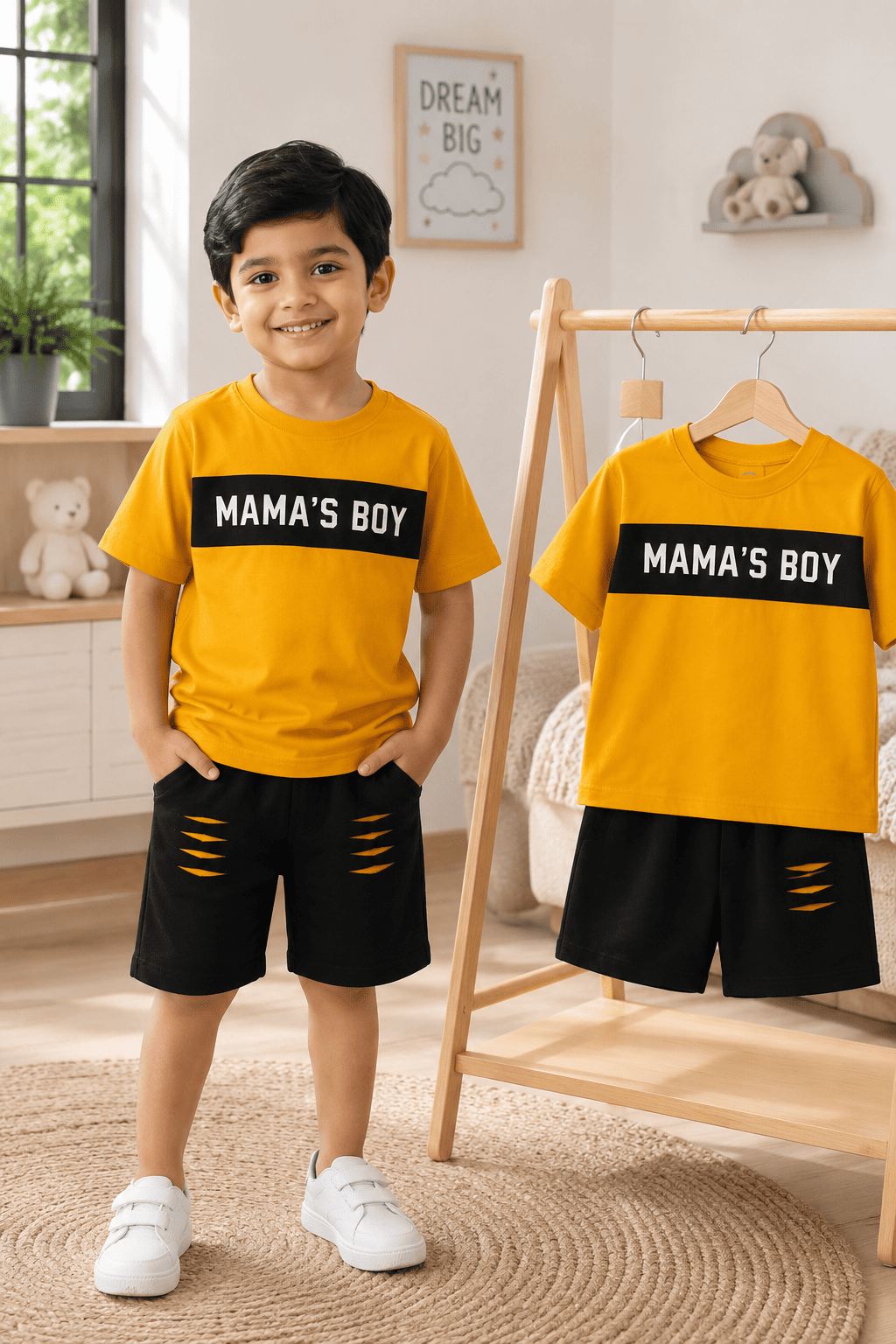 Ory Moon boys' urban streetwear set for ages 3-12, featuring a bold summer outfit with T-shirt, shorts, and stylish accessories.