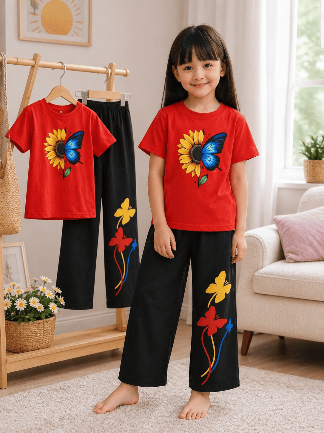 Girls' soft printed top and pants set by Ory Moon for ages 3 to 12, featuring a colorful floral print and comfortable fabric.