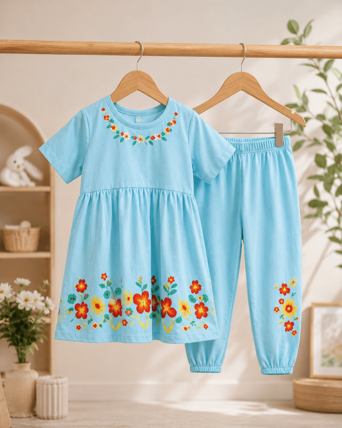 Ory Moon girls' floral frock and pants set for ages 3 to 12, featuring a colorful flower-patterned dress with matching pants.