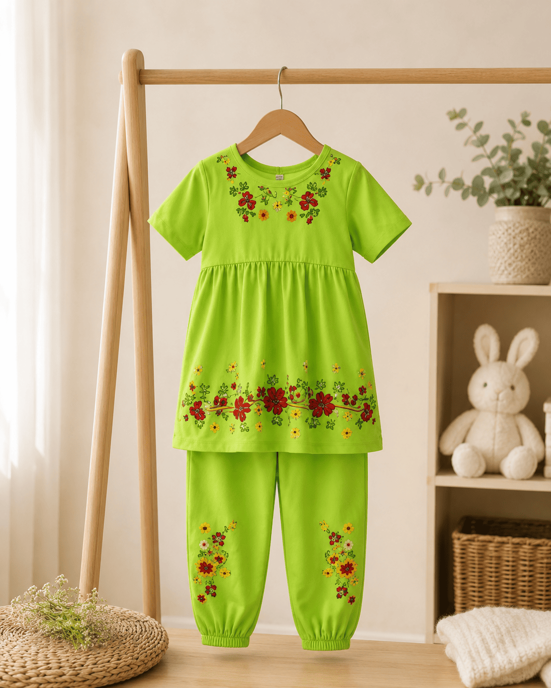 Ory Moon girls' floral frock and pants set for ages 3 to 12, featuring a colorful, patterned dress with matching pants.