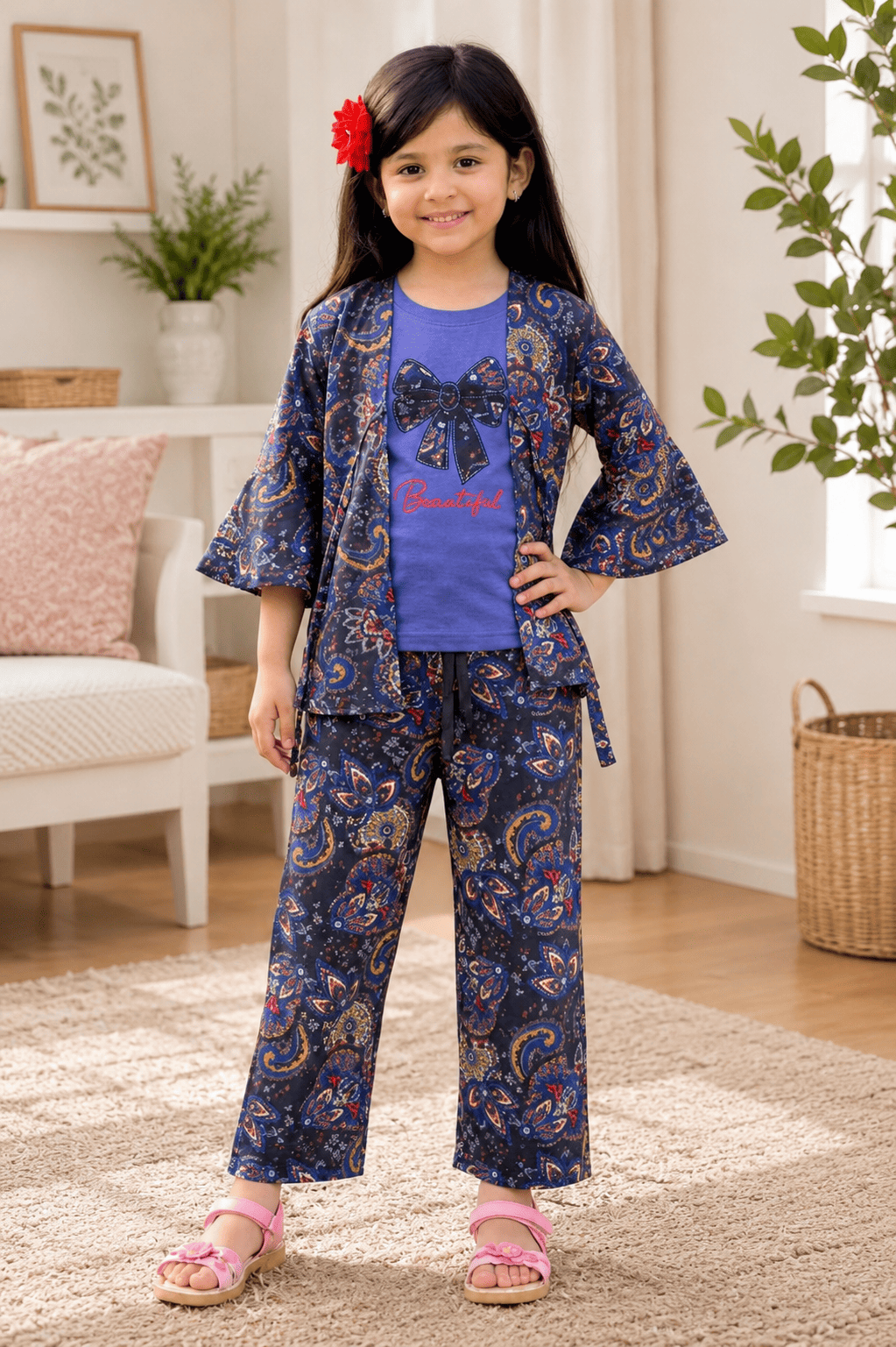 Ory Moon girls' soft printed top and pants set for ages 3 to 12, featuring colorful patterns and comfortable fabric.