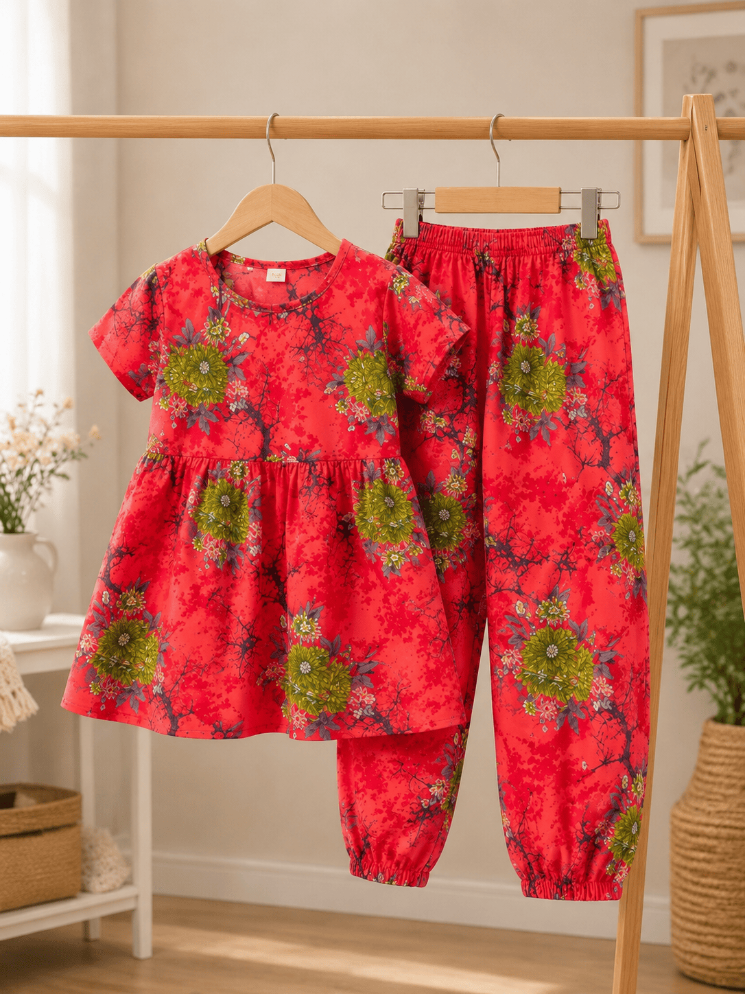 Ory Moon girls' floral frock and pants set for ages 3 to 12, featuring a colorful floral pattern and comfortable fabric.